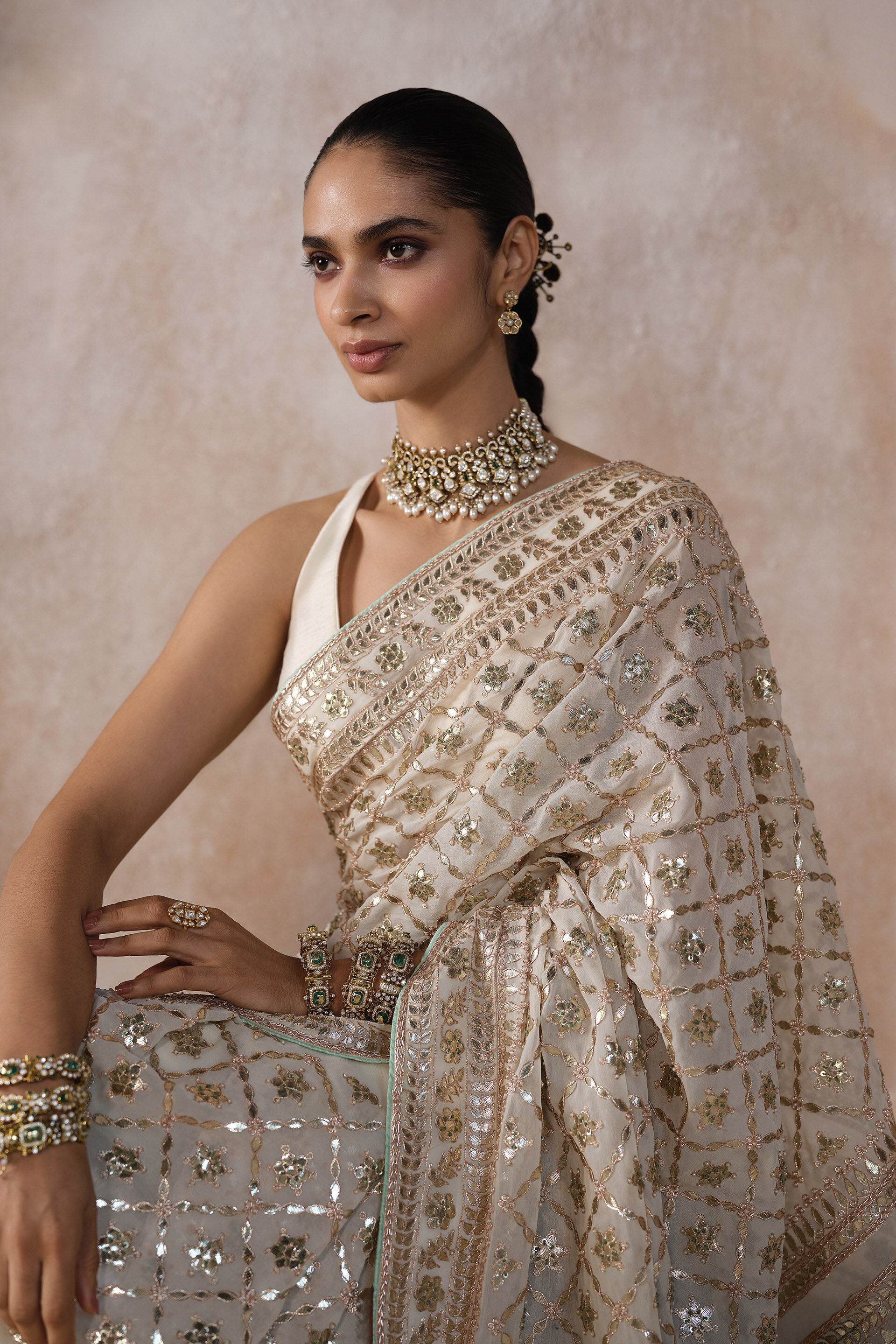 Tajanae Gota Patti Saree - Cream, Cream, image 4