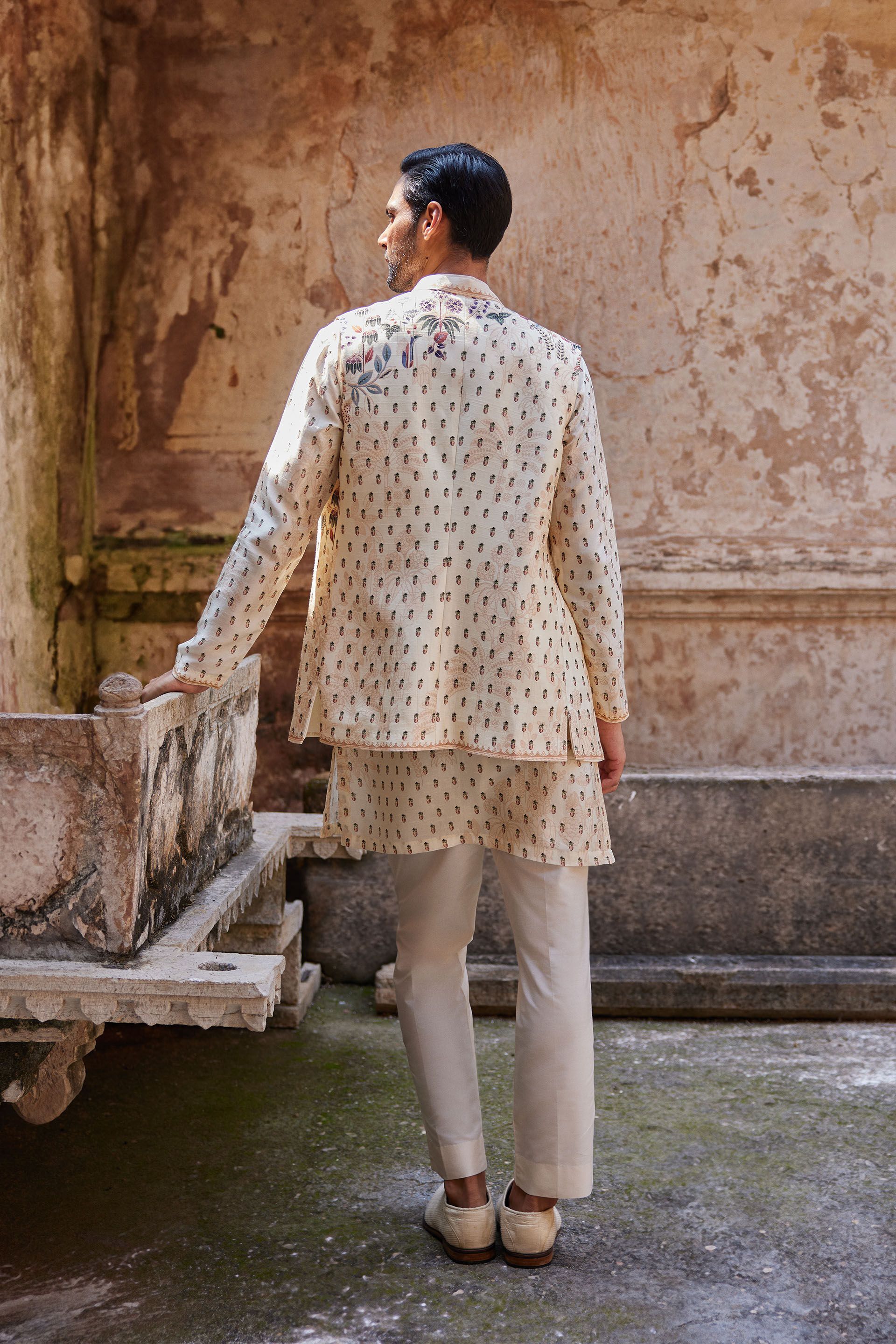 Kalhar Printed Silk Nehru Jacket - Ivory