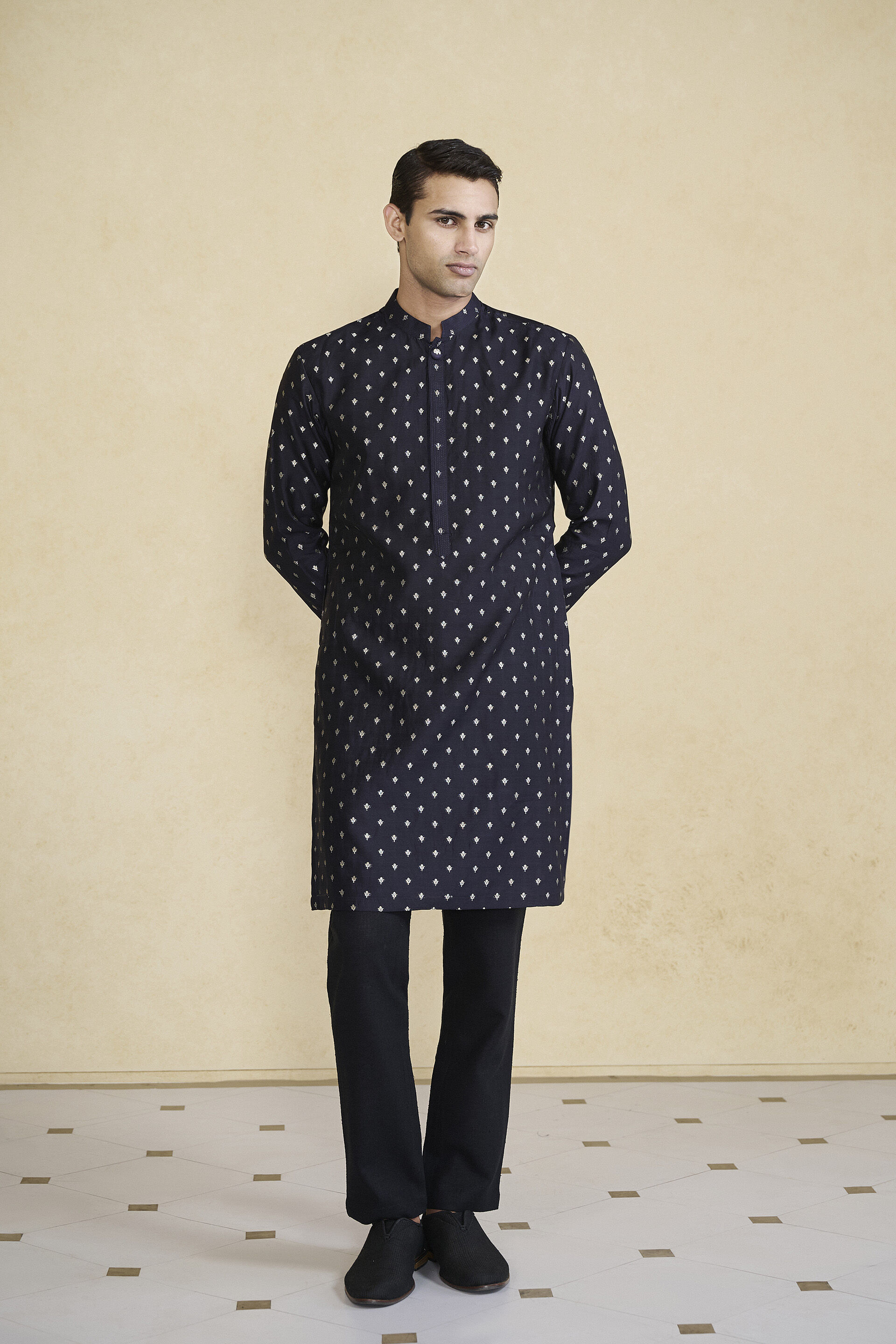 Zamurad Handwoven Benarasi Silk Kurta - Black, Black, image 1
