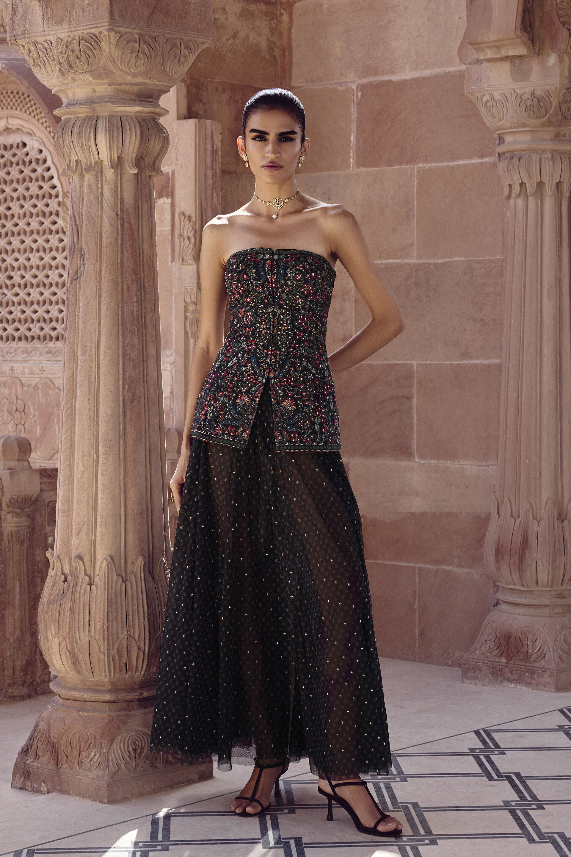 Nameera Embroidered Silk Skirt Set - Black
