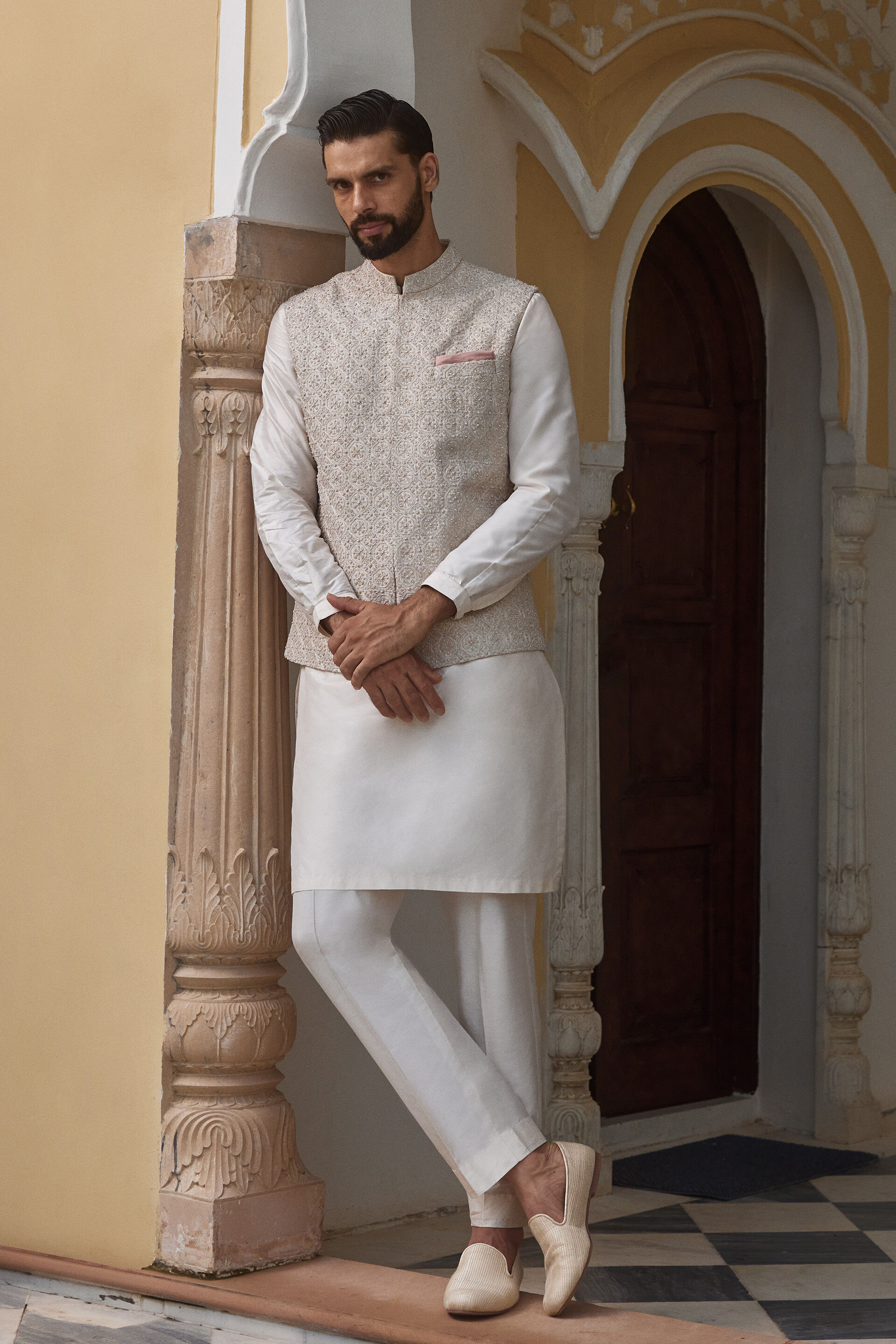 Chaital Embroidered Silk Nehru Jacket - Ivory