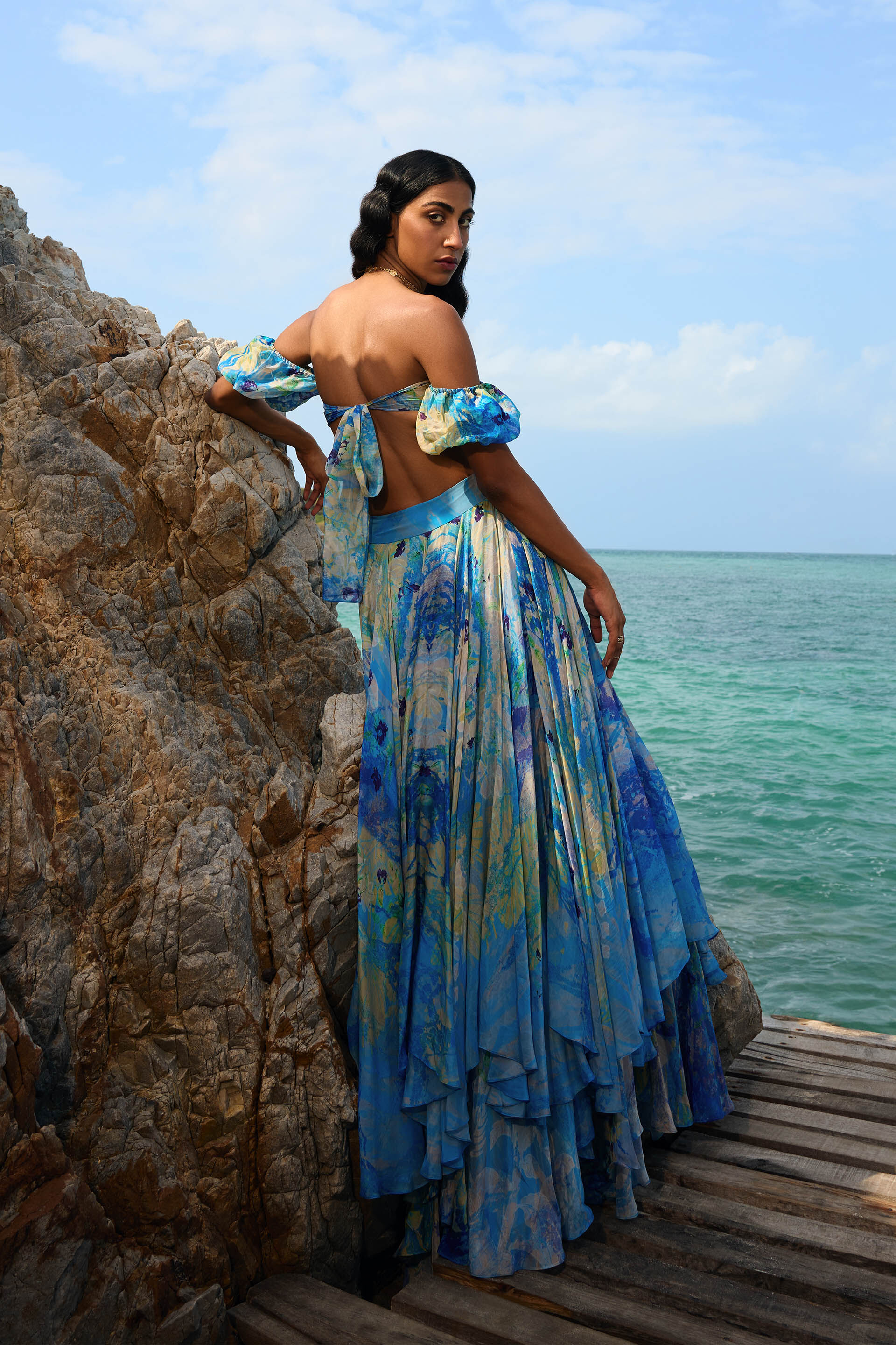 Chatoyante Organza Asymmetrical Skirt Set - Blue