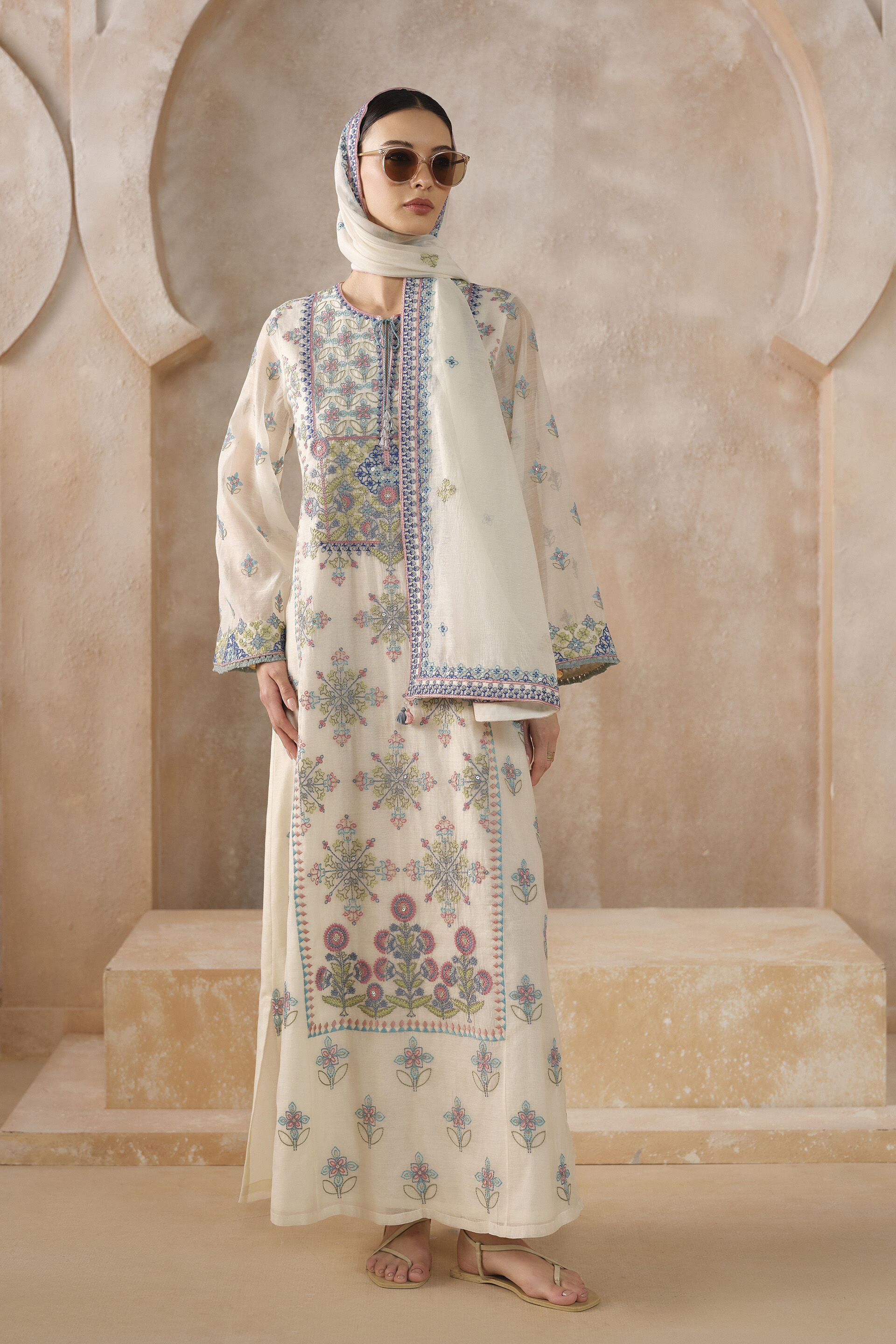 Stellara Embroidered Mul Kaftan - Ivory, Ivory, image 1