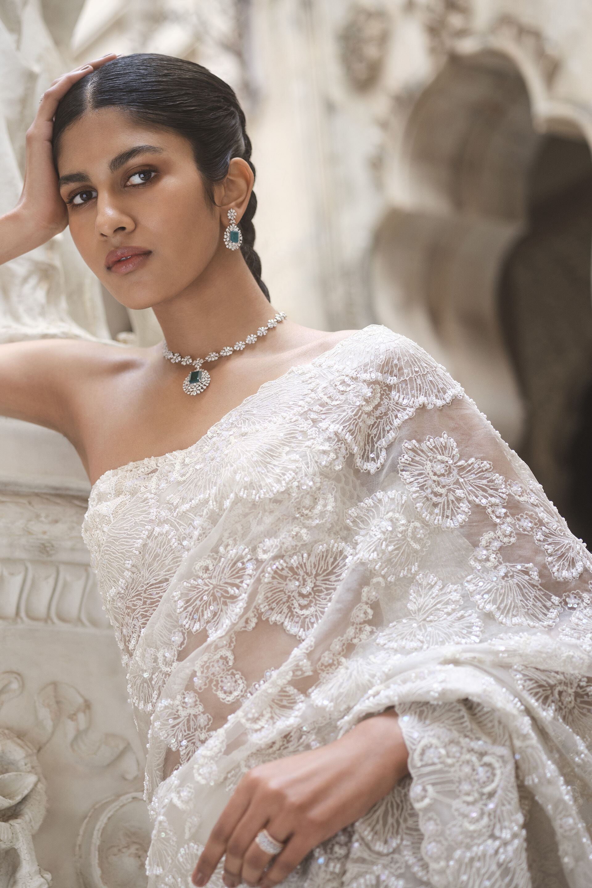 Rainbloom Embroidered Silk Saree - Ivory, Ivory, image 7