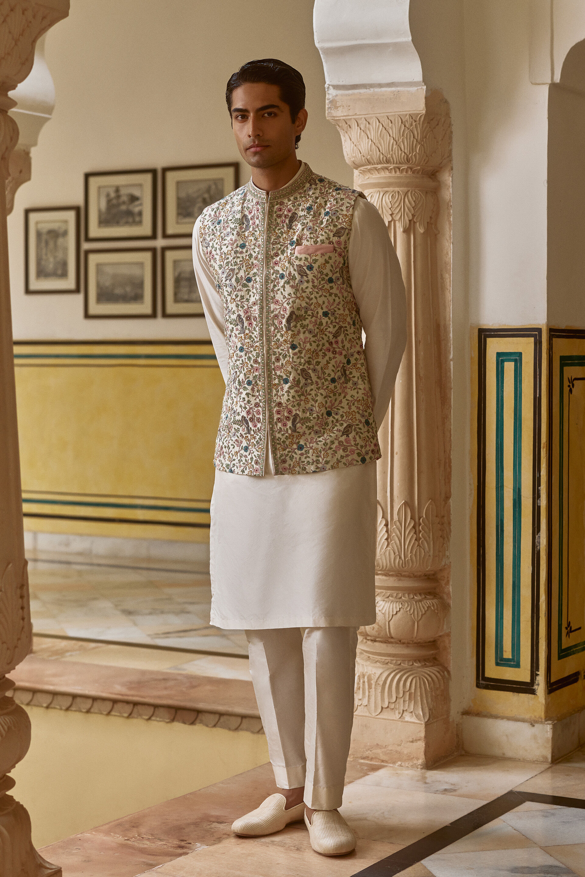Avir Aari Embroidered Silk Nehru Jacket - Cream