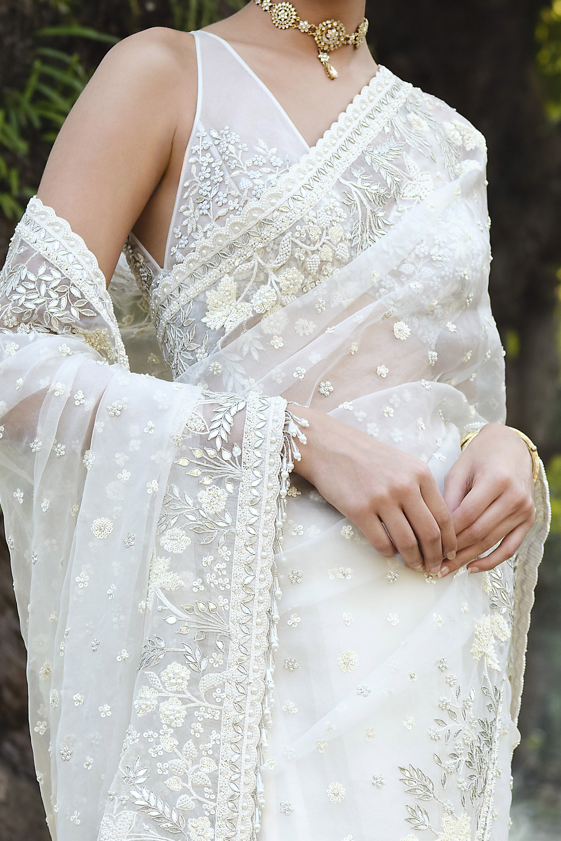 Waterway Embroidered Silk Saree - Ivory, Ivory, image 2