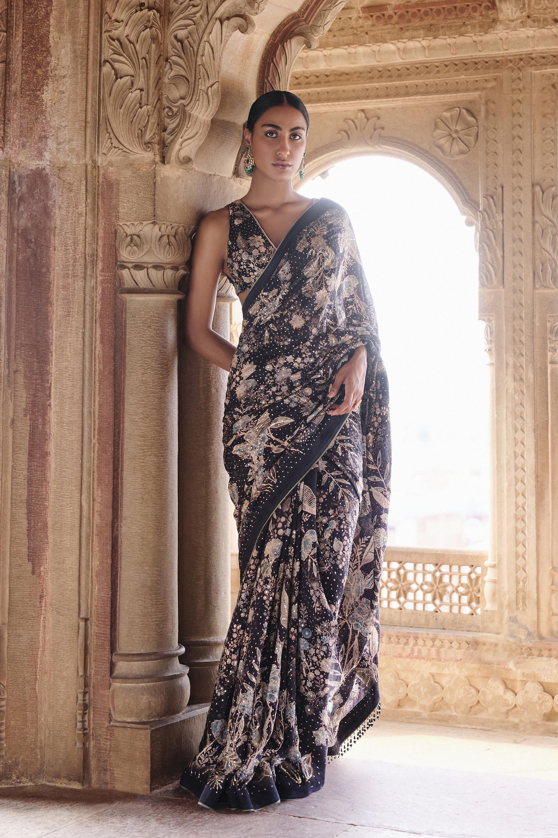 Izar Printed Sequin Saree - Black