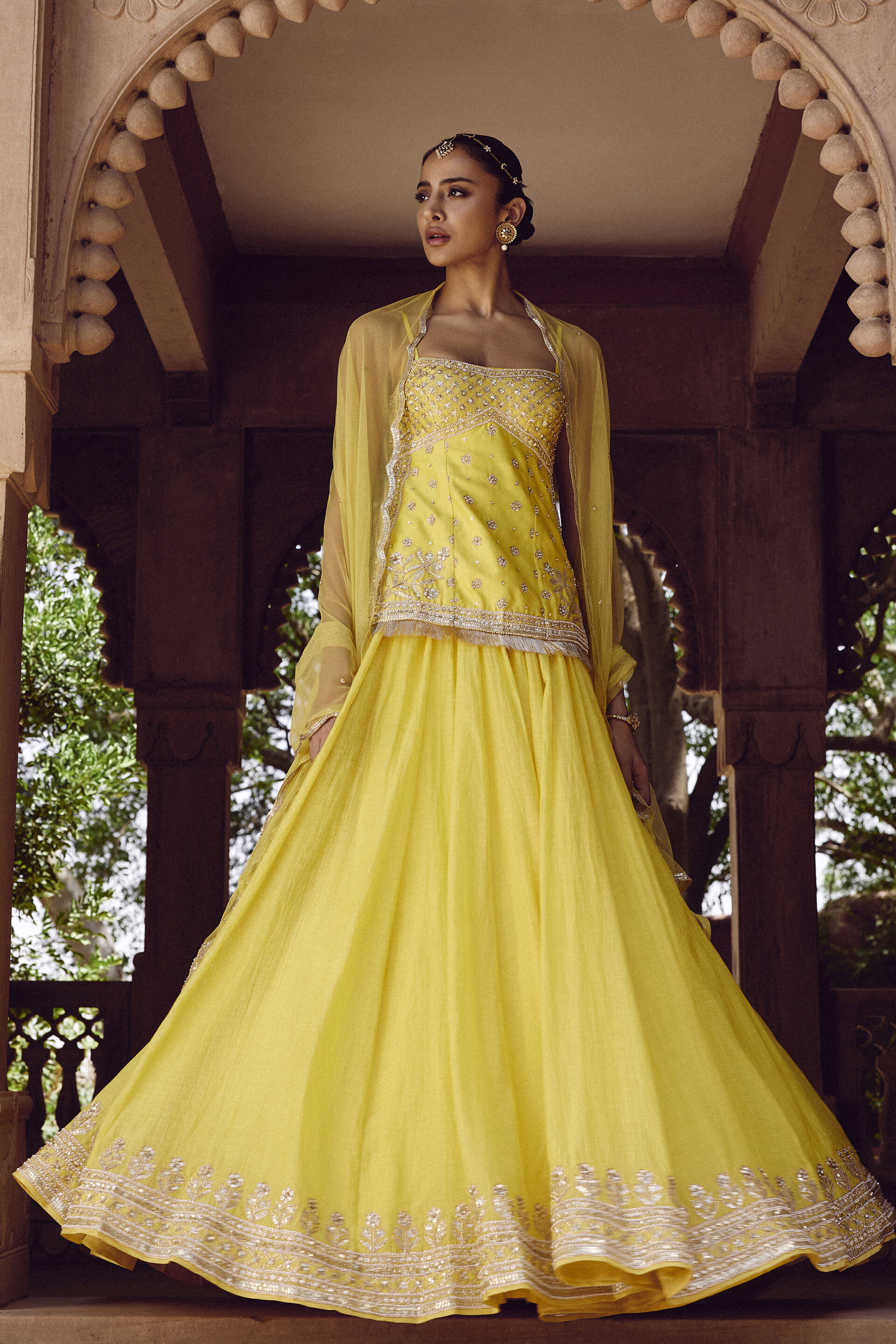 Srika Gota Patti Mul Skirt Set - Yellow, Yellow, image 3