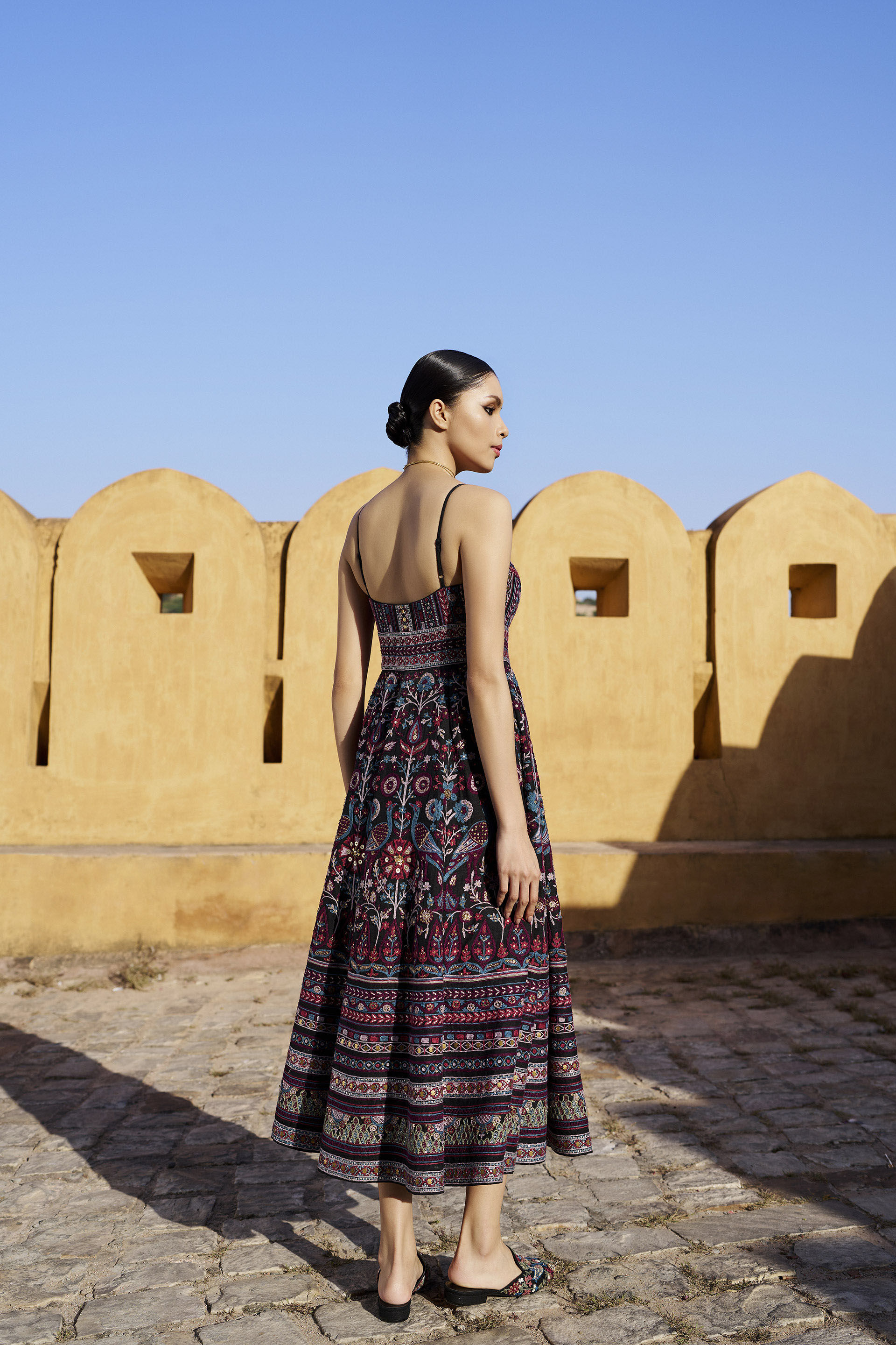 Starlit Serenade SEWA Hand-embroidered Silk Dress - Black