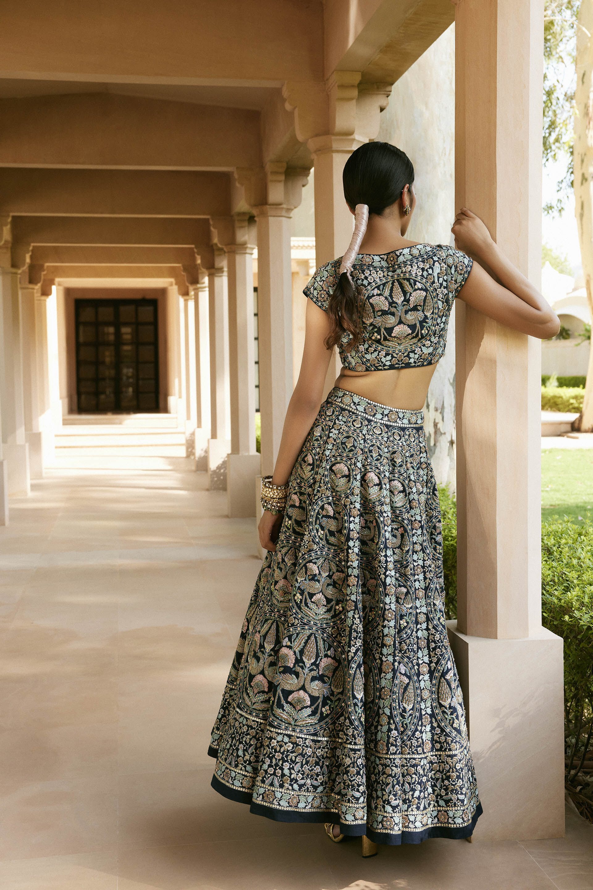 Nadisa Zardozi & Resham Silk Skirt Set - Navy Blue, Navy Blue, image 6