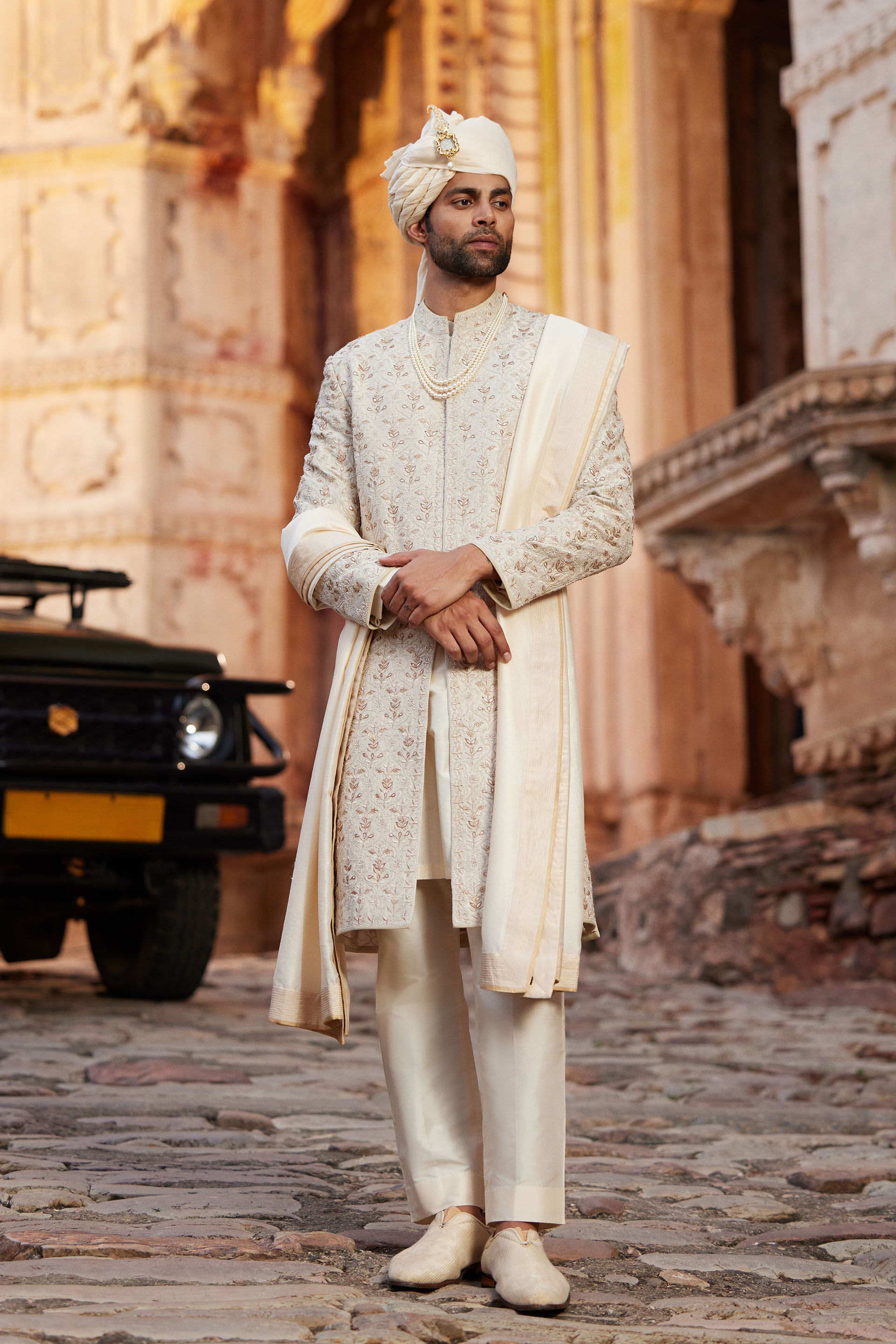 Devarsh Gota Patti & Aari Silk Sherwani - Ivory