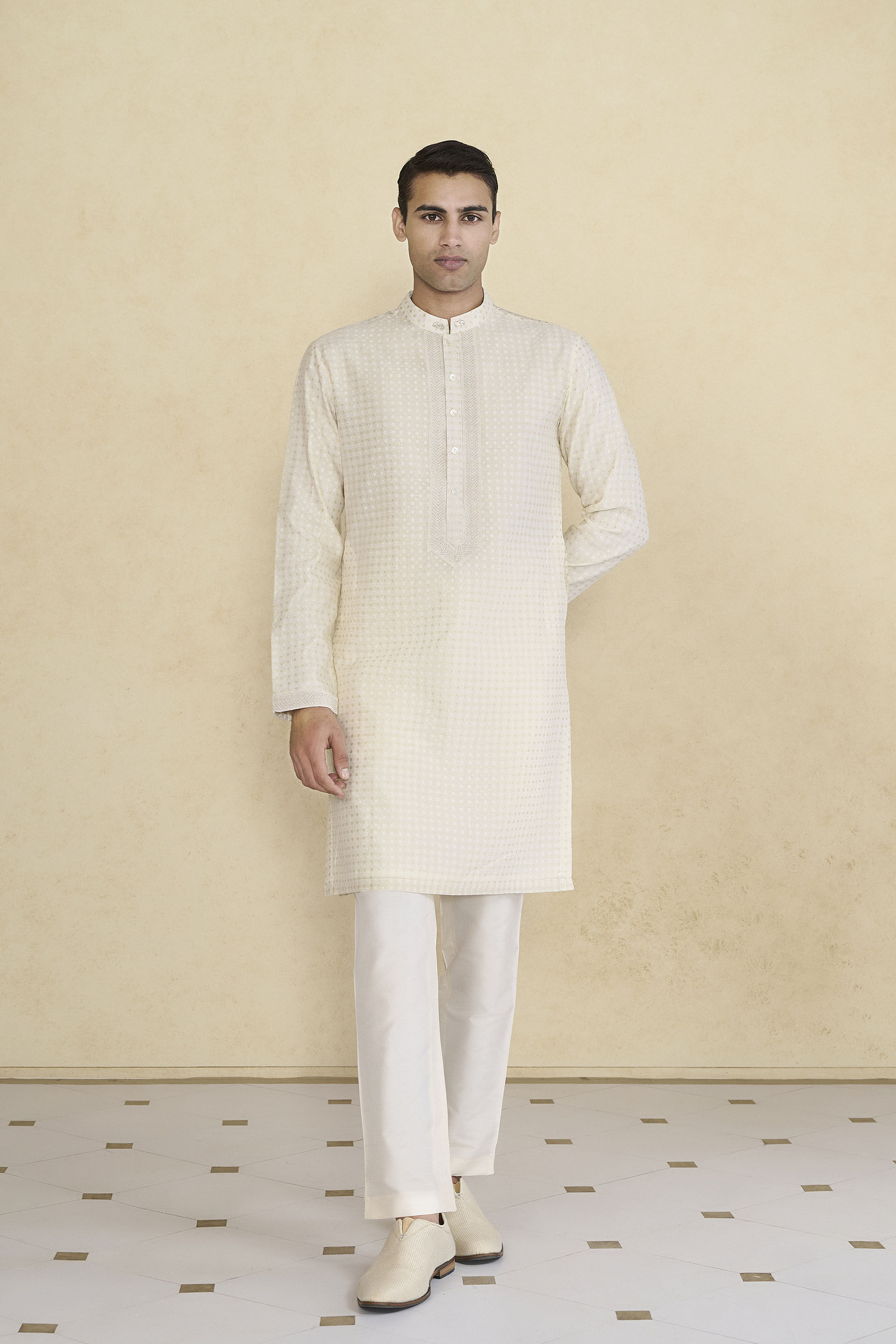 Hemansh Embroidered Silk Kurta - Cream