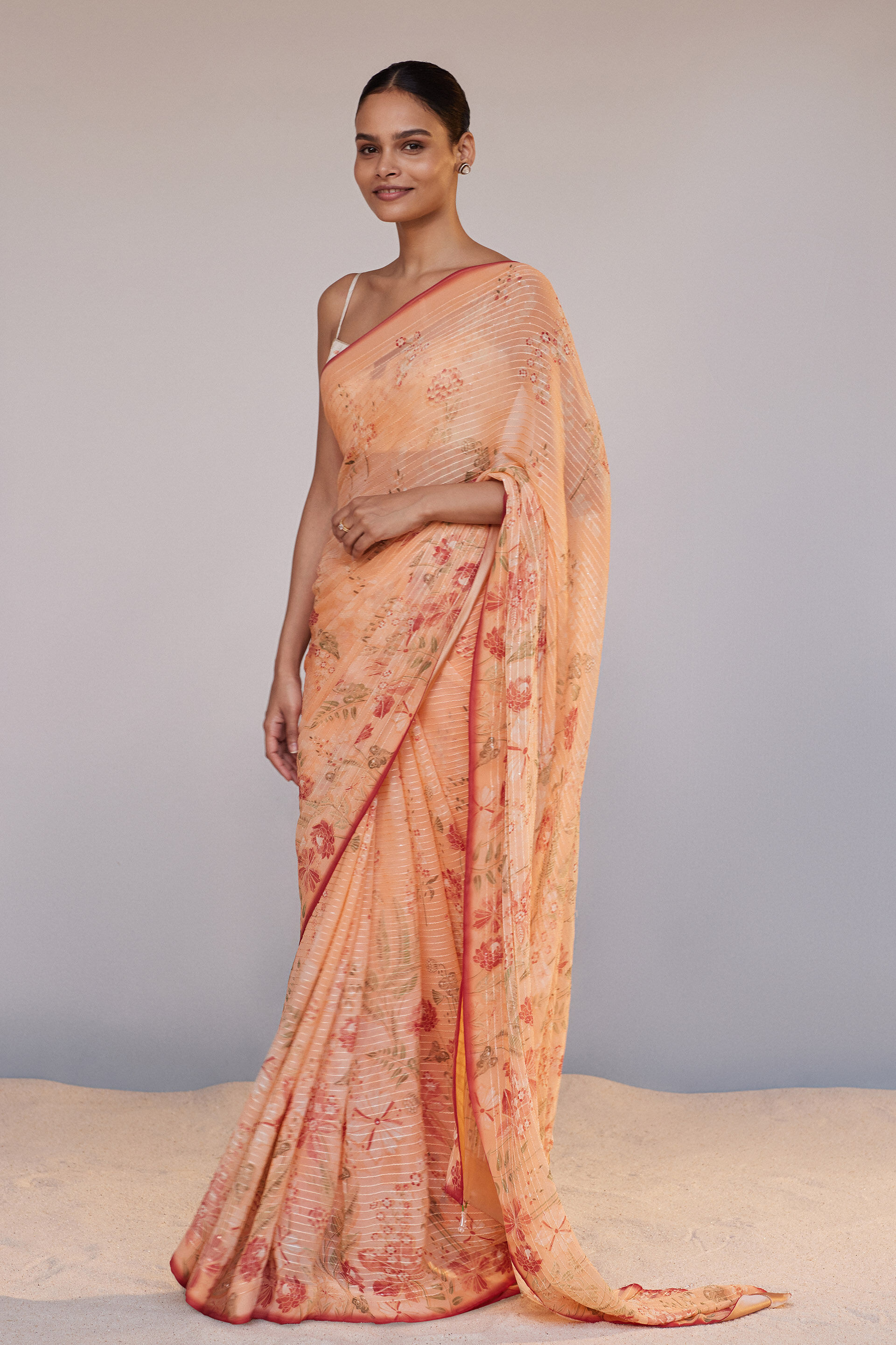 Calfuray Saree Set - Peach, Peach, image 1