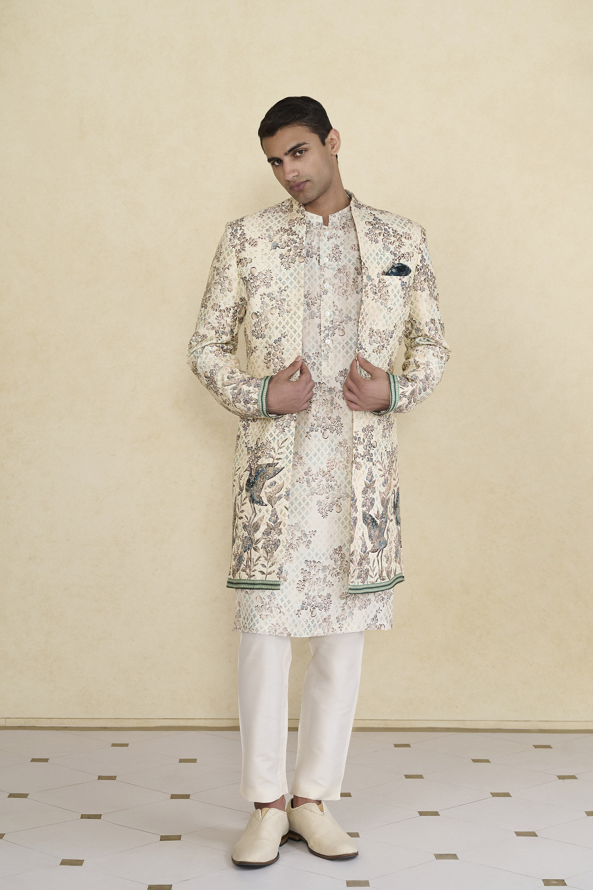 Rukham Printed Silk Sherwani - Ivory, Ivory, image 4