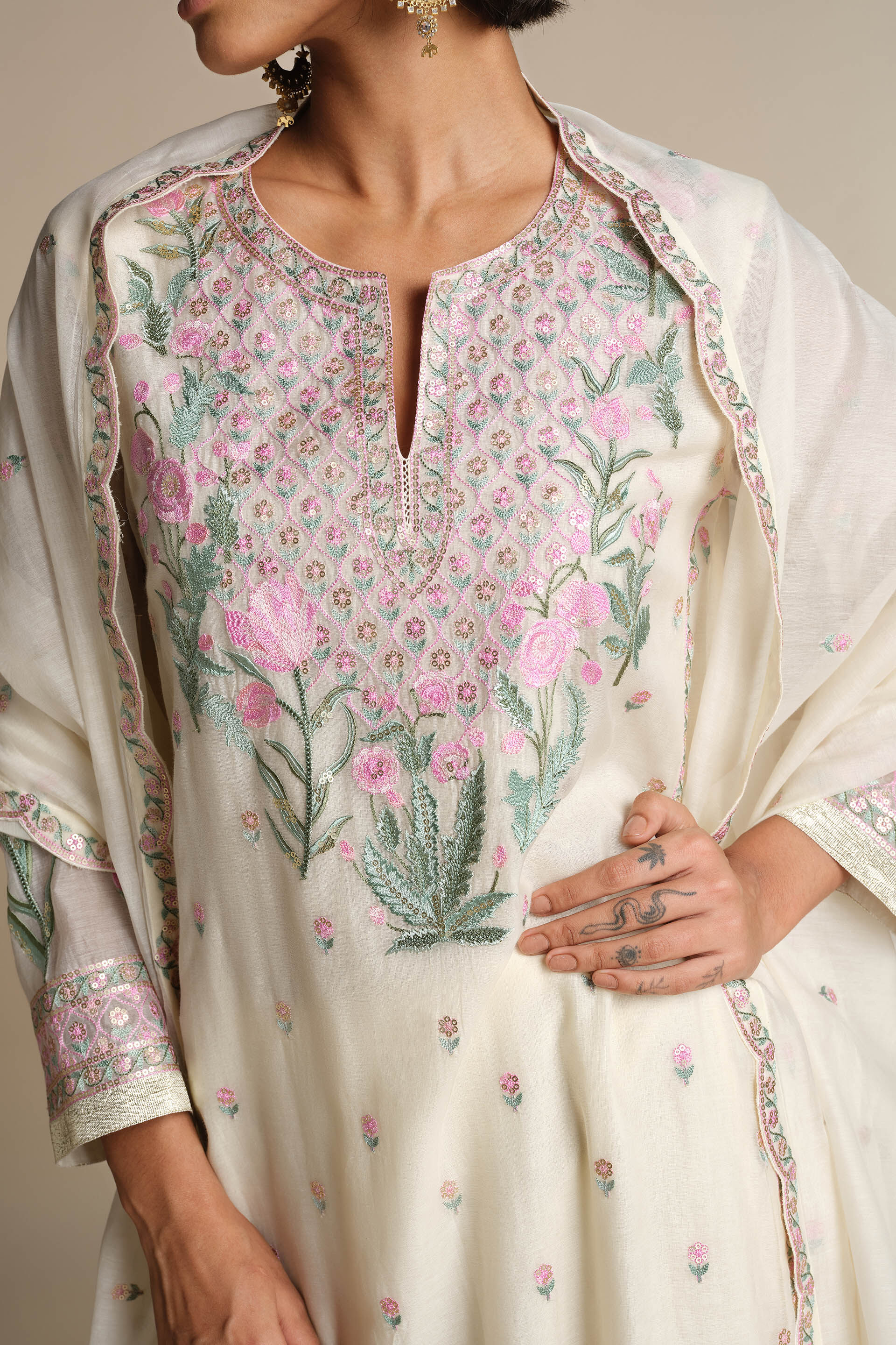 Libna Embroidered Mul Suit Set - White, Multi, image 6