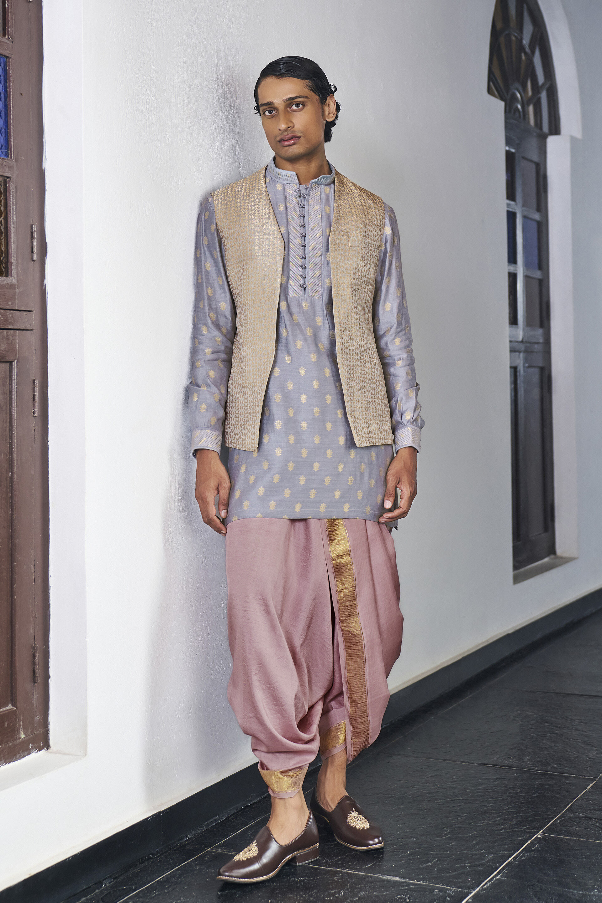Milan Nehru Jacket in Grey Benarasi
