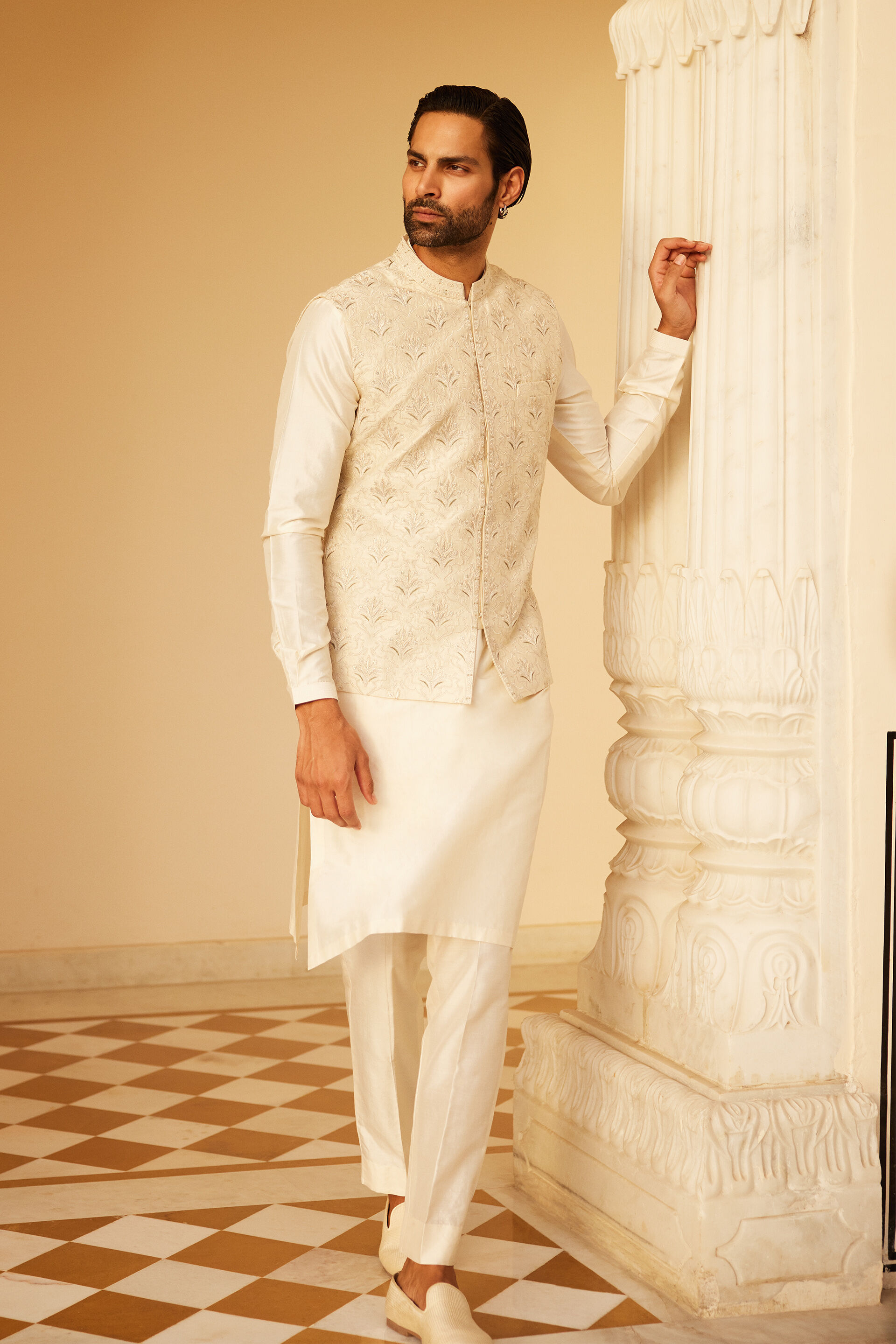 Surjit Embroidered Silk Nehru Jacket - Ivory