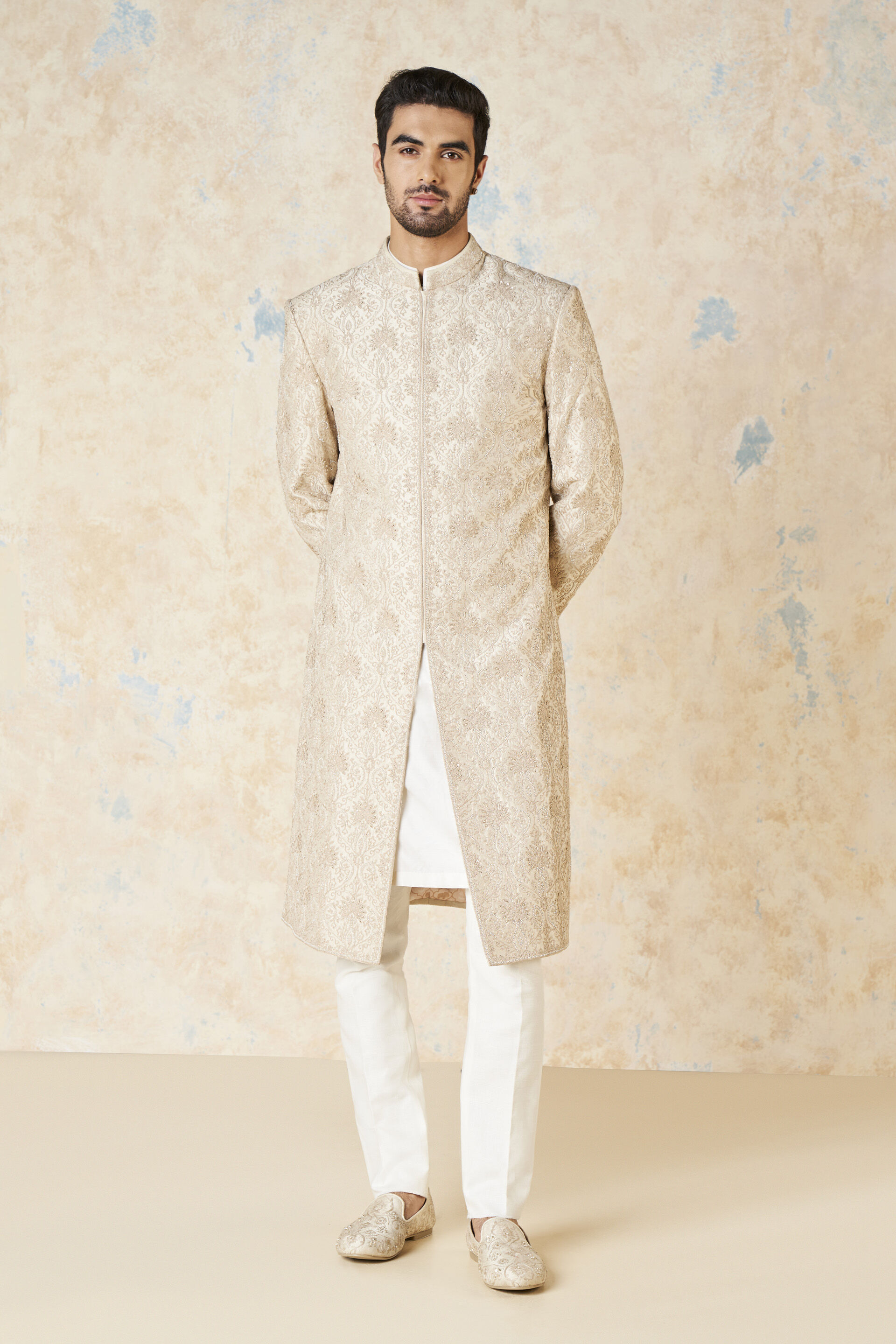 Ikshaan Embroidered Cord Silk Sherwani - Ivory, Ivory, image 2