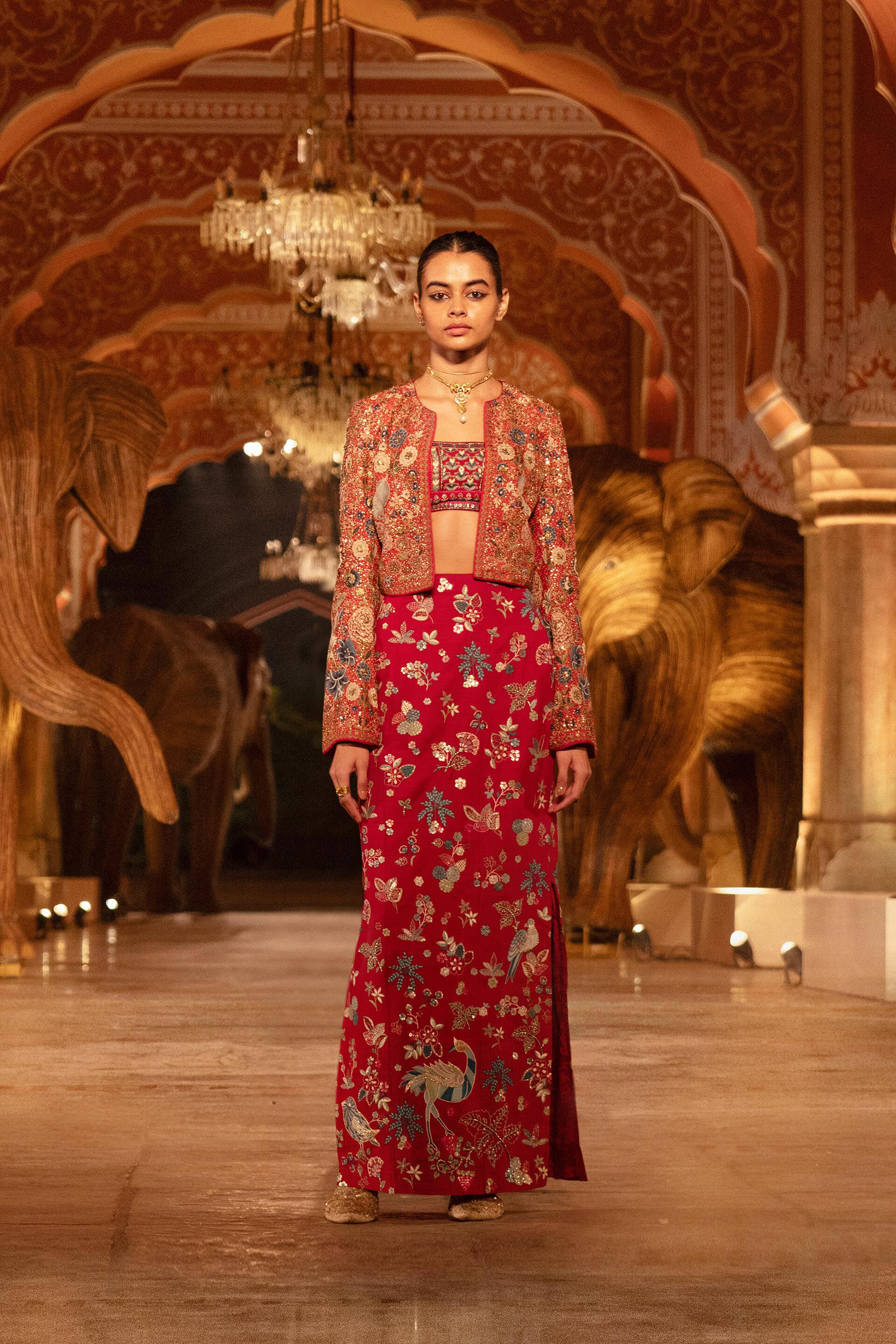 Flame Of The Forest Embroidered Zardozi Silk Skirt Set - Red, Red, image 4