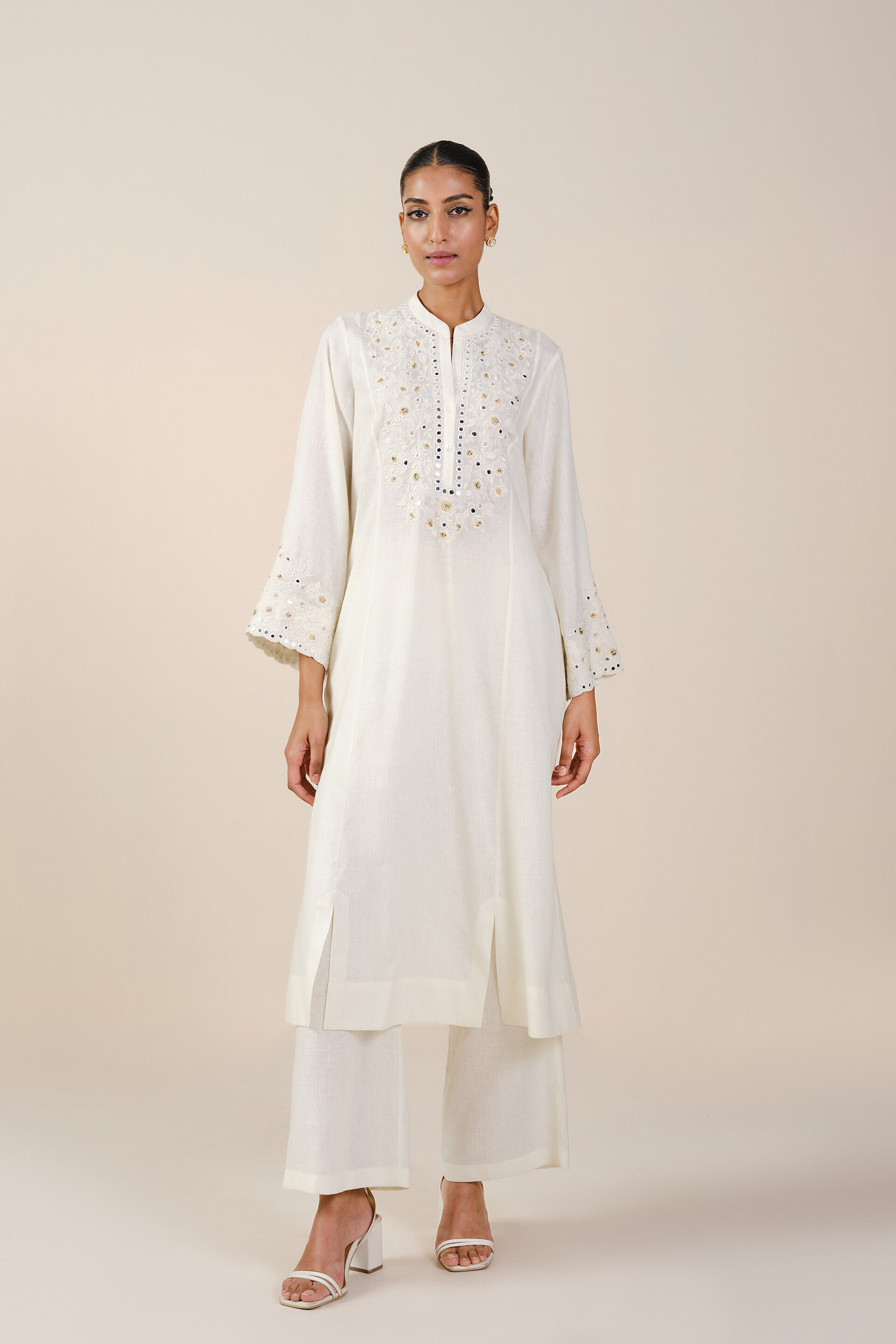 Sikara Mirror Embroidered Linen Kurta Set - Natural, Natural, image 1