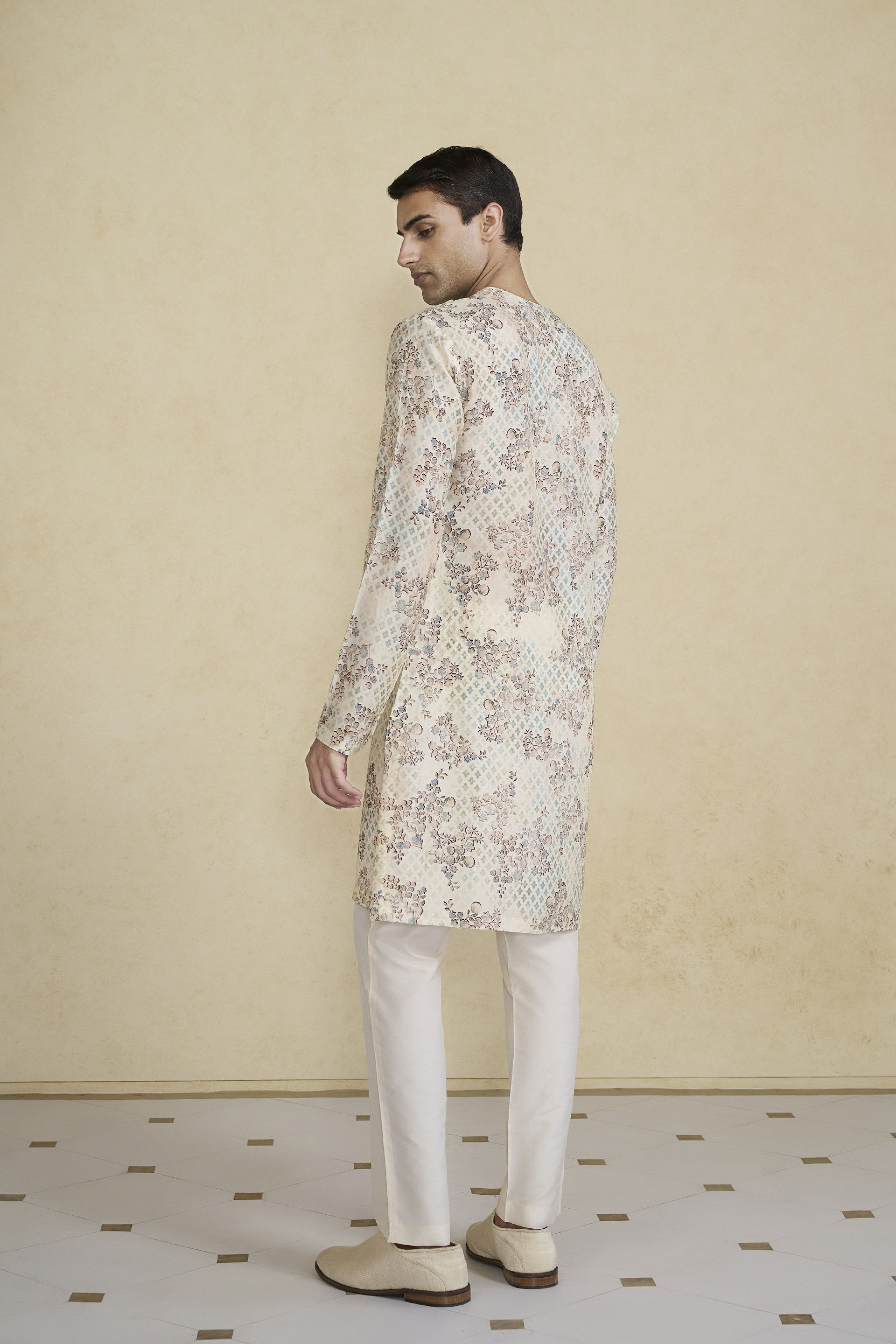 Rukham Printed Silk Kurta - Ivory, Ivory, image 6