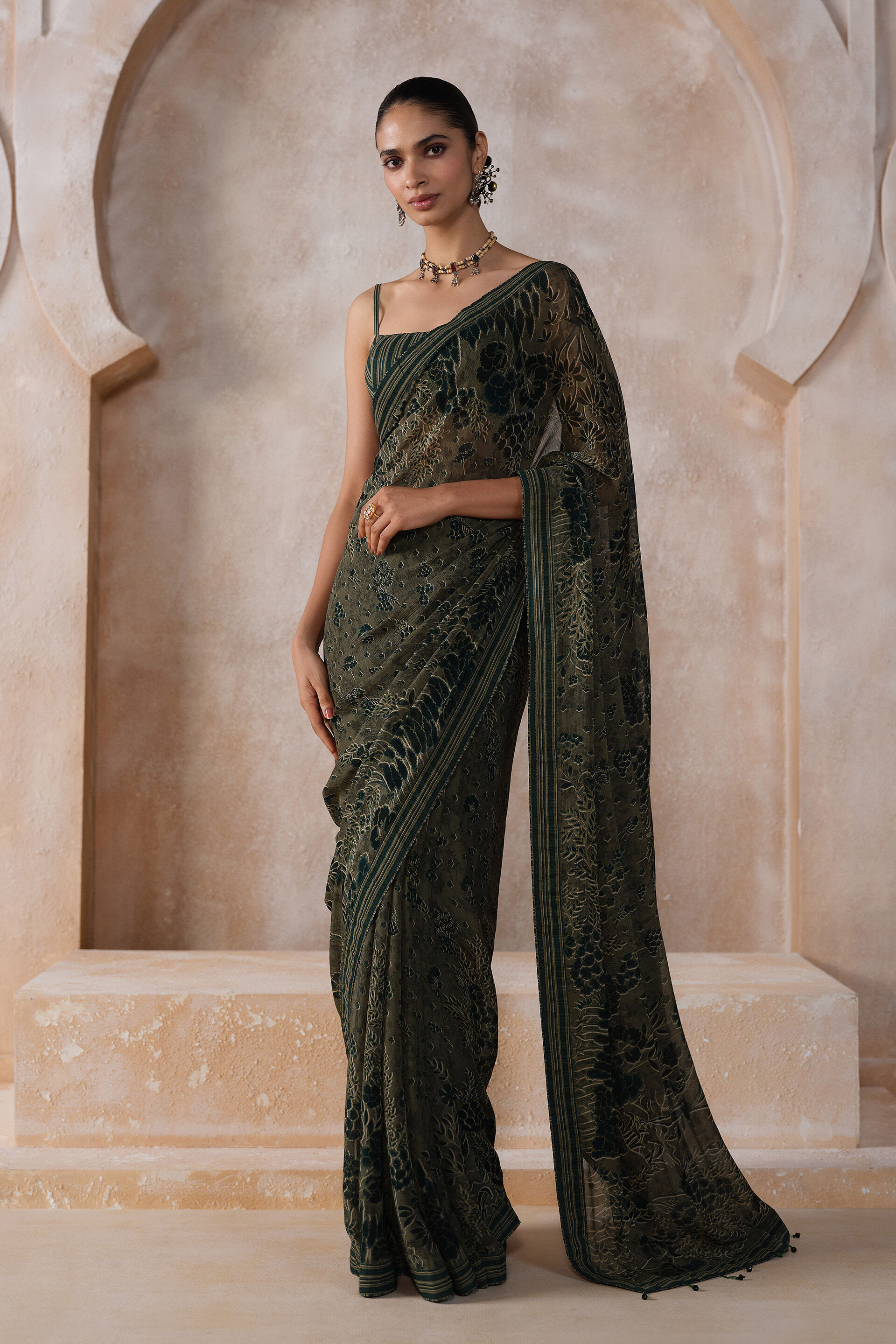 Tanairi Chiffon Saree - Sage