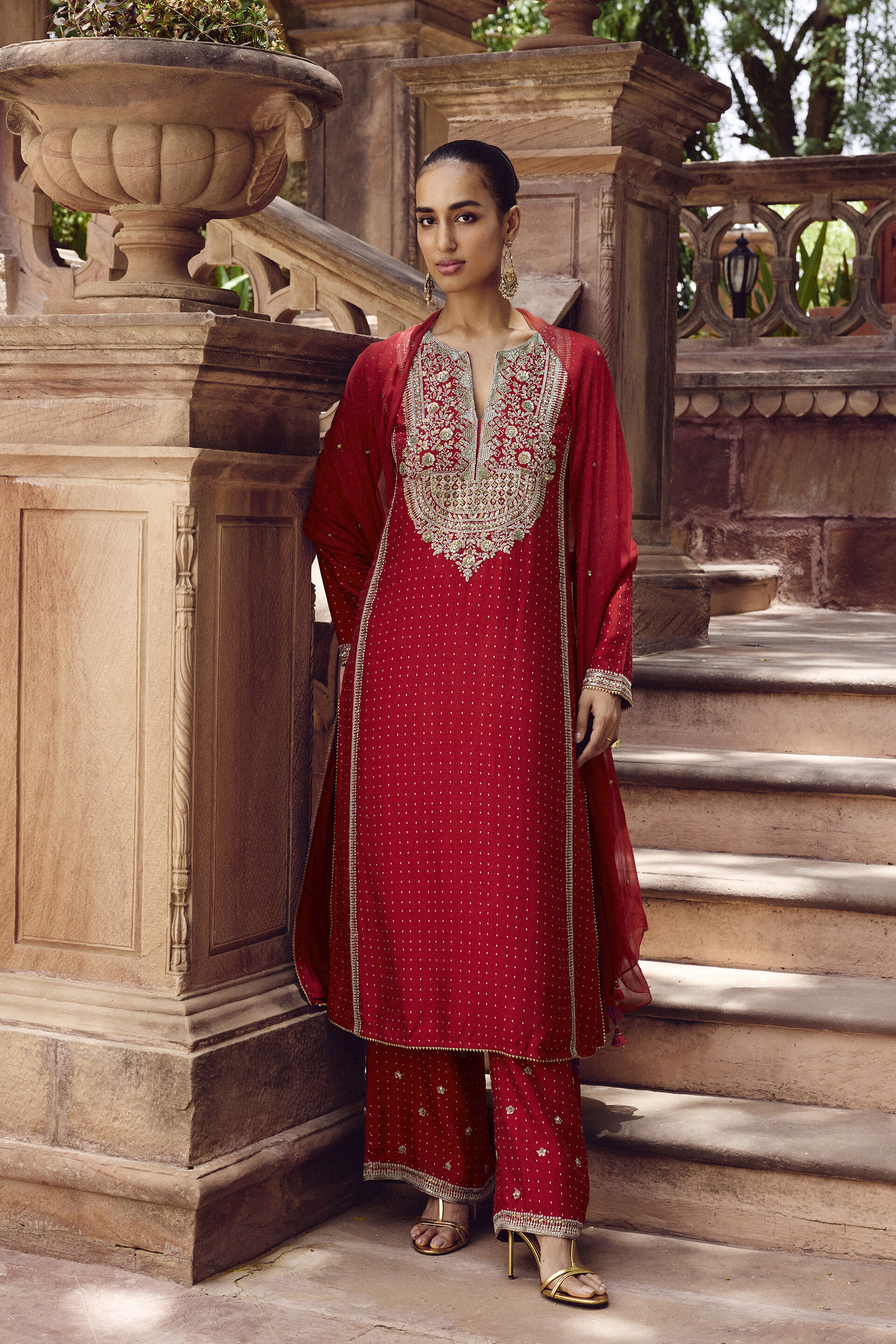 Sindhura Embroidered Silk Suit Set - Red