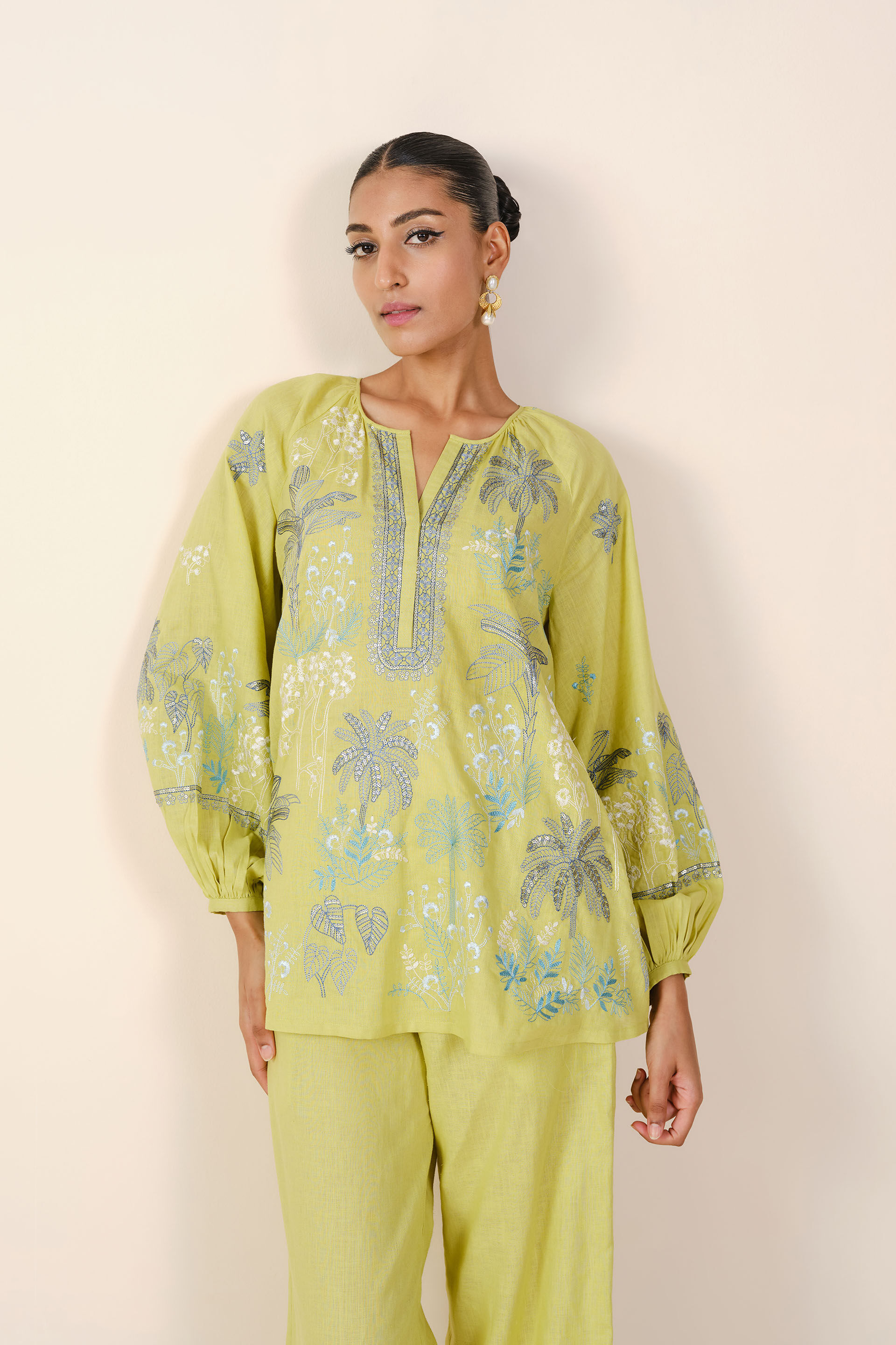 Pelagia Embroidered Linen Coord - Lime, Lime, image 4