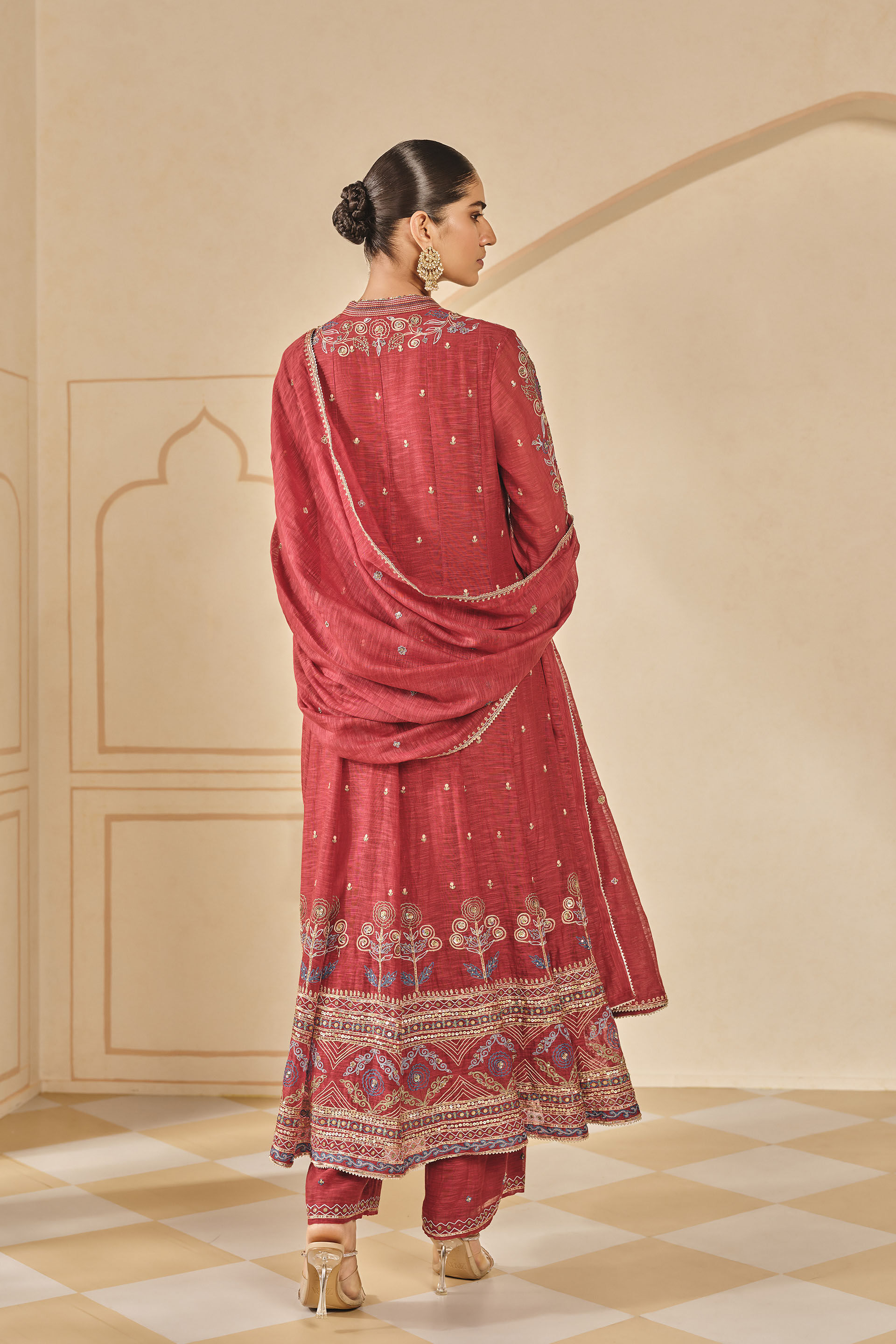Zunaira Embroidered Mul Anarkali Set - Red, Red, image 2