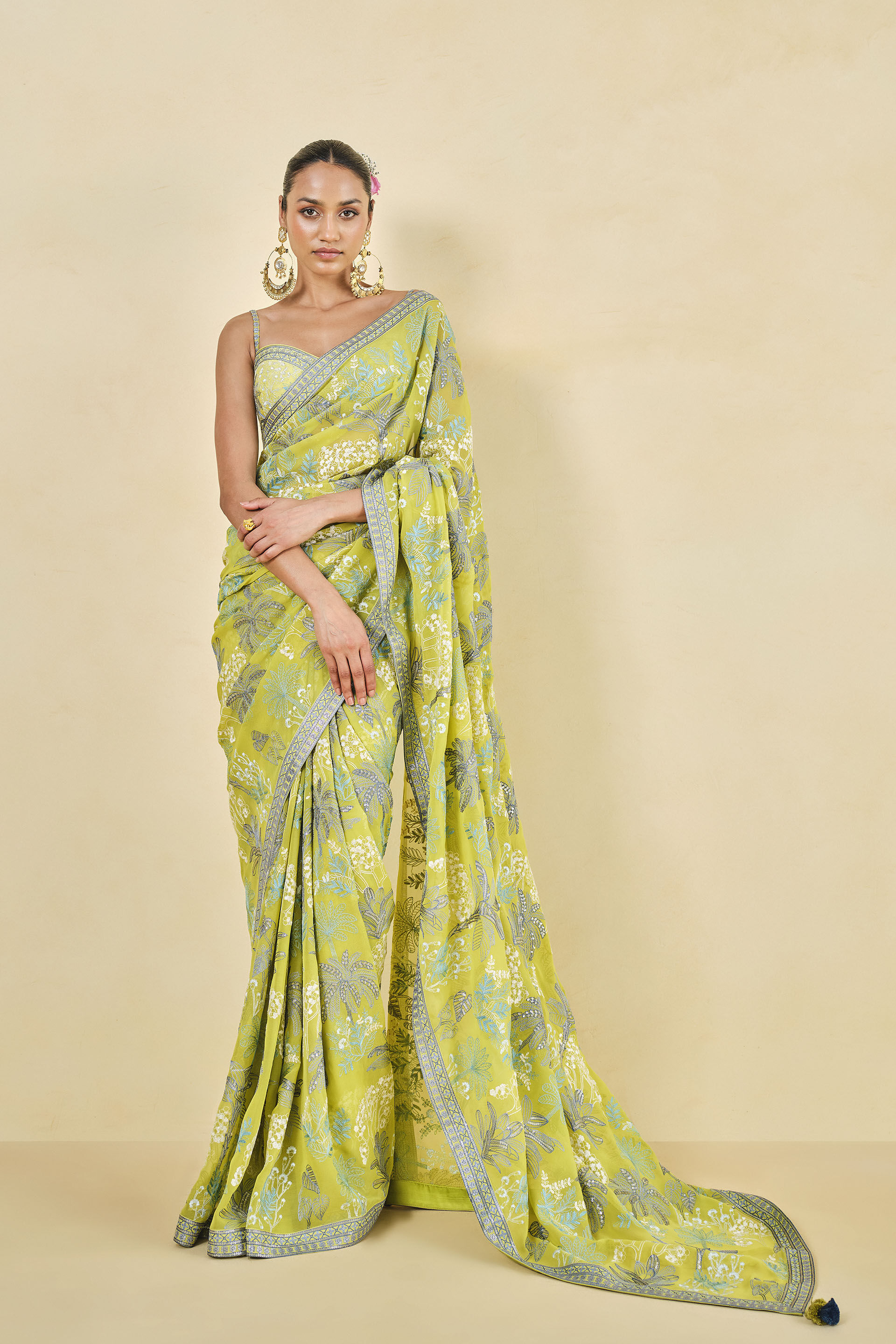 Tropical Paradise Embroidered Georgette Saree - Lime
