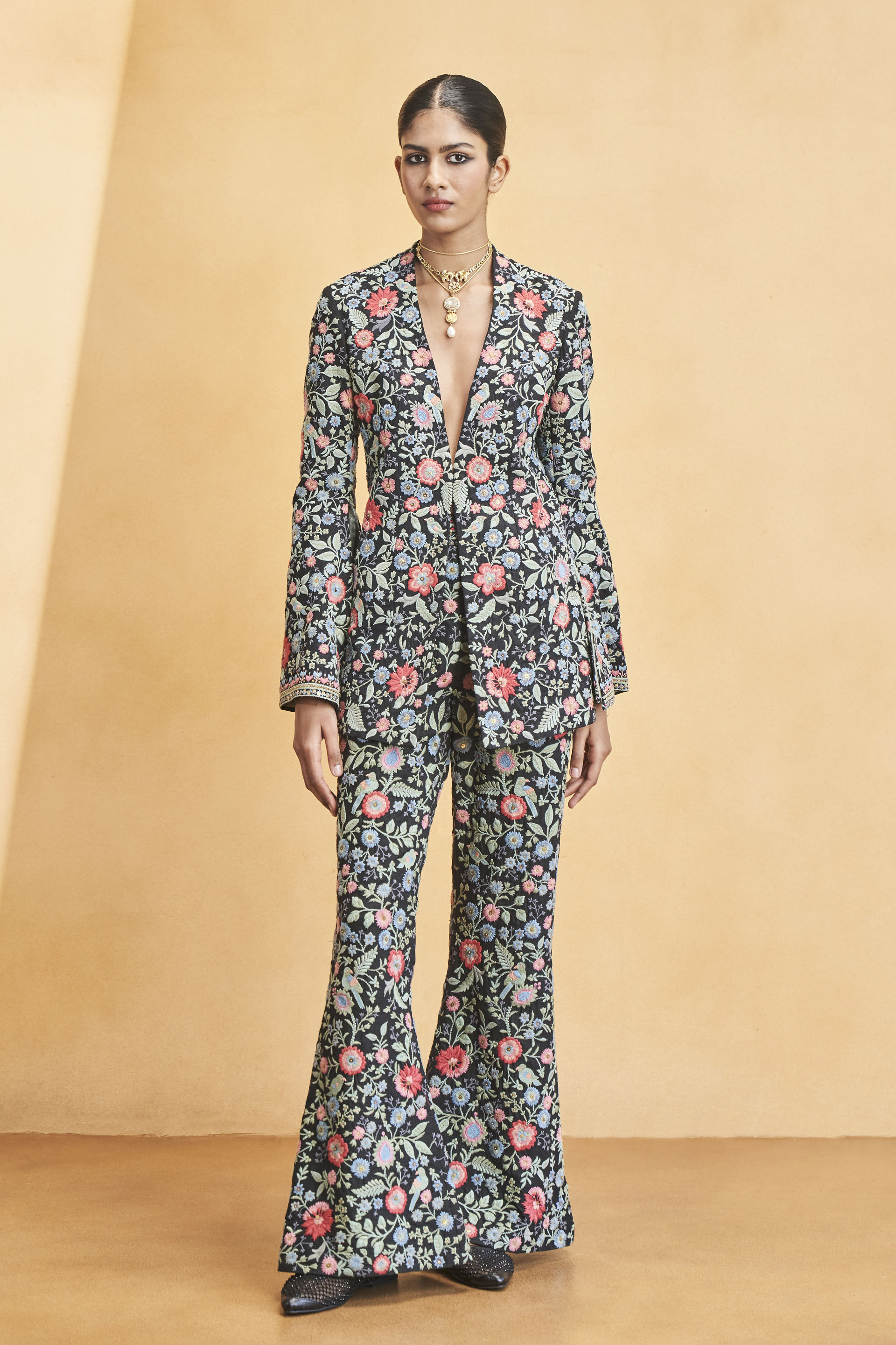 Galaxy Of Flowers Embroidered Zardozi Silk Set - Black, Black, image 1