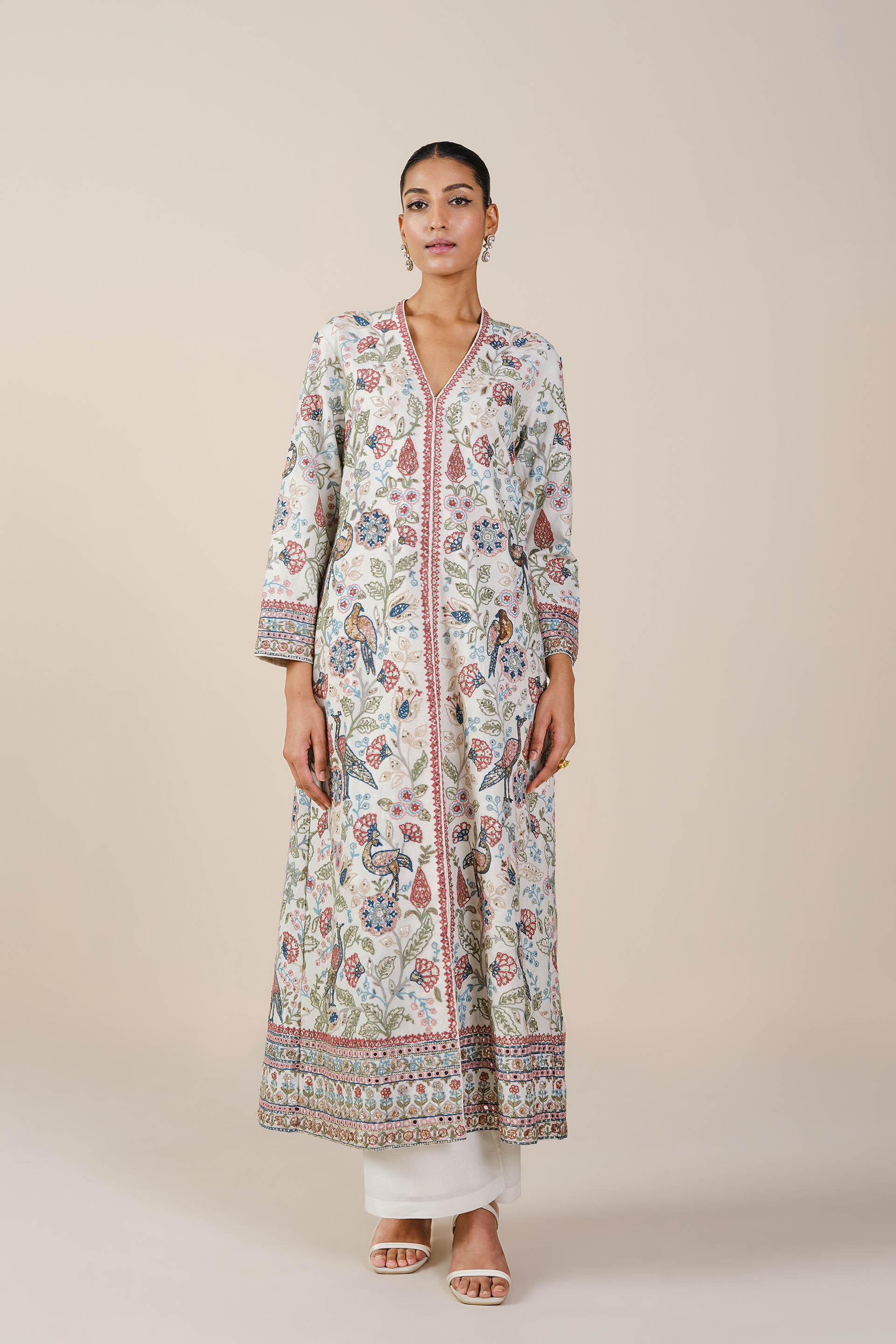 Paradise Of Flowers SEWA Hand-embroidered Silk Jacket Set - Ivory