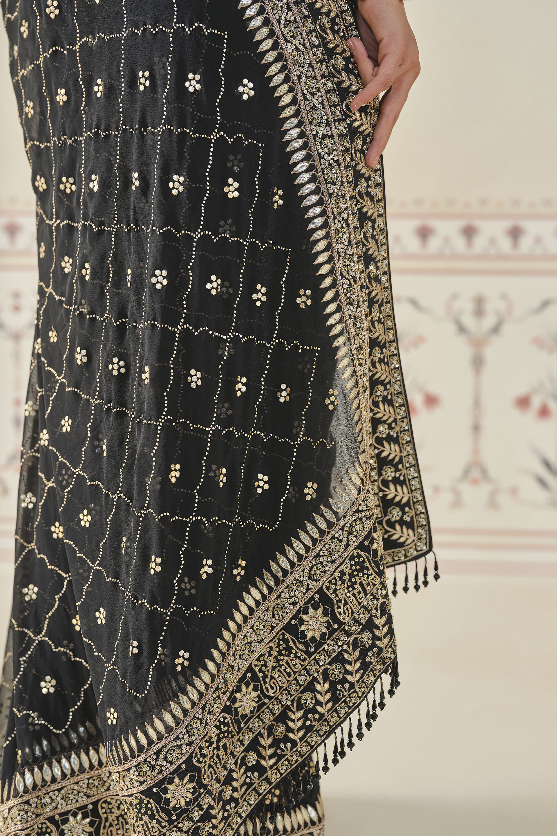 Anushna Handcrafted Badla Georgette Saree - Black, Black, image 8