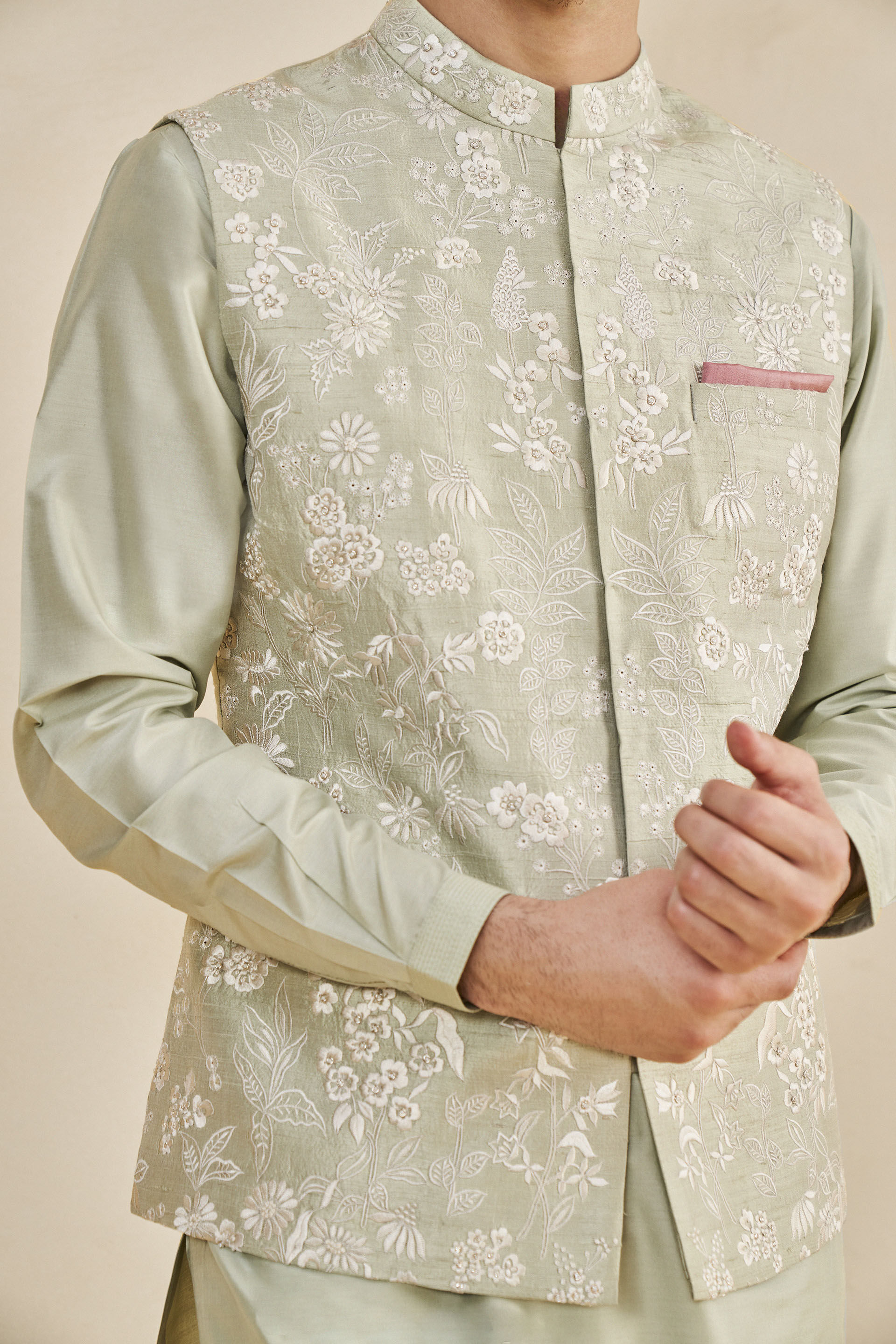Tamir Embroidered Silk Nehru Jacket - Sage, Sage, image 4