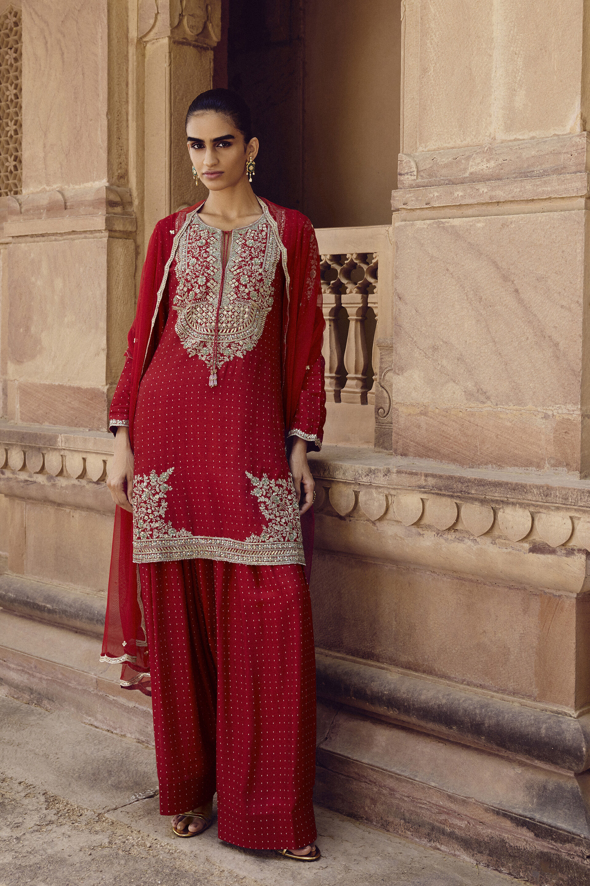 Sindhura Embroidered Silk Short Suit Set - Red