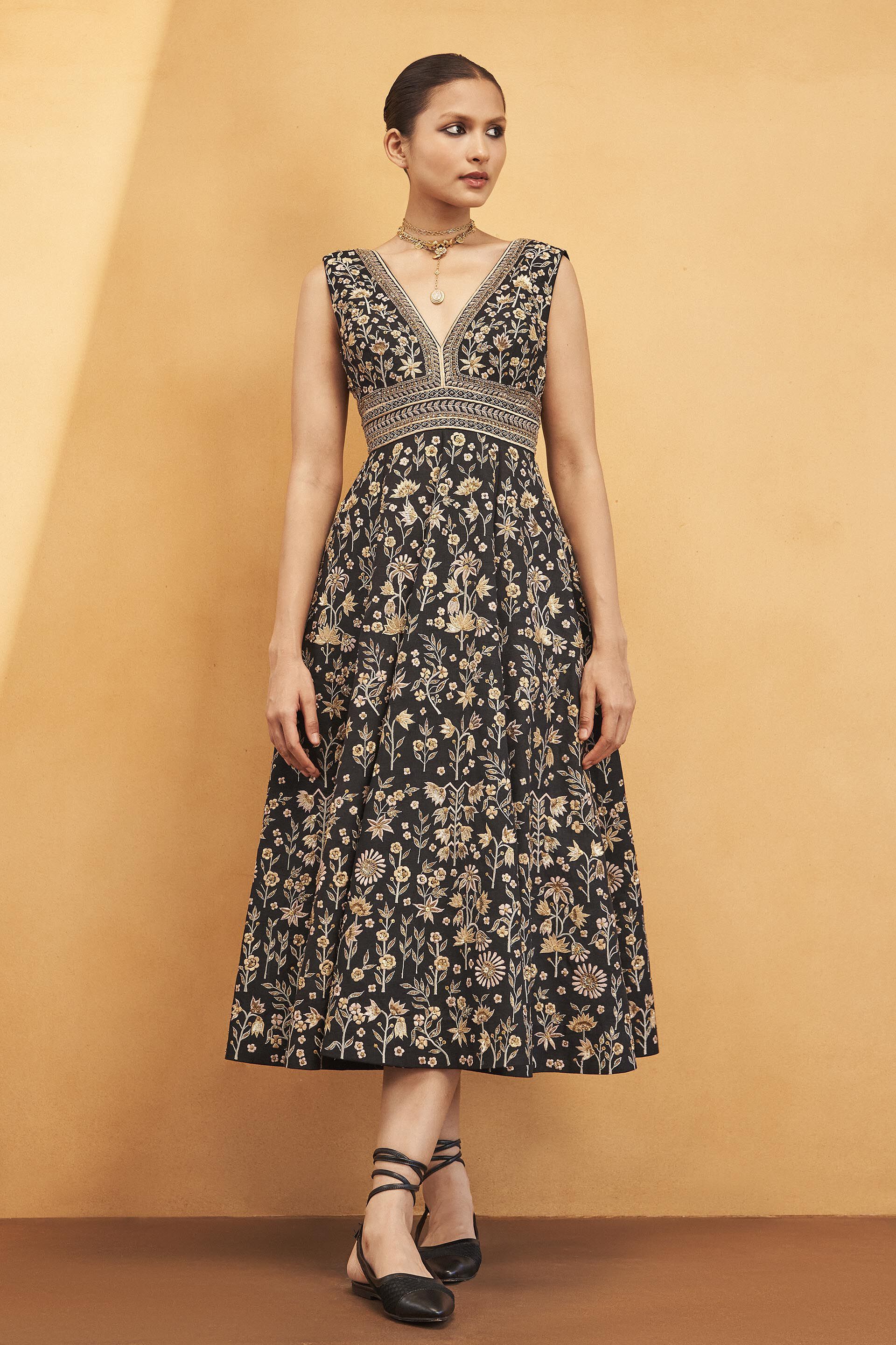 Nocturnal Serenade Zardozi Embroidered Silk Dress - Black