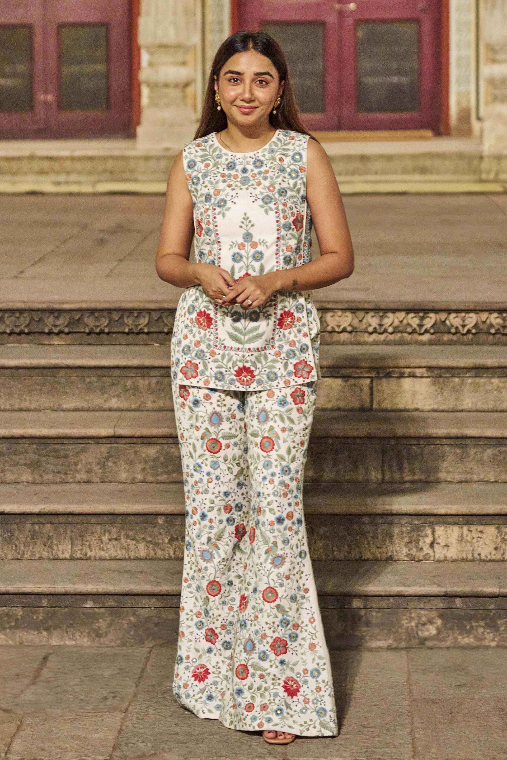 Blooms Of The Wild Embroidered Silk Pant Set - Ivory, , image 1