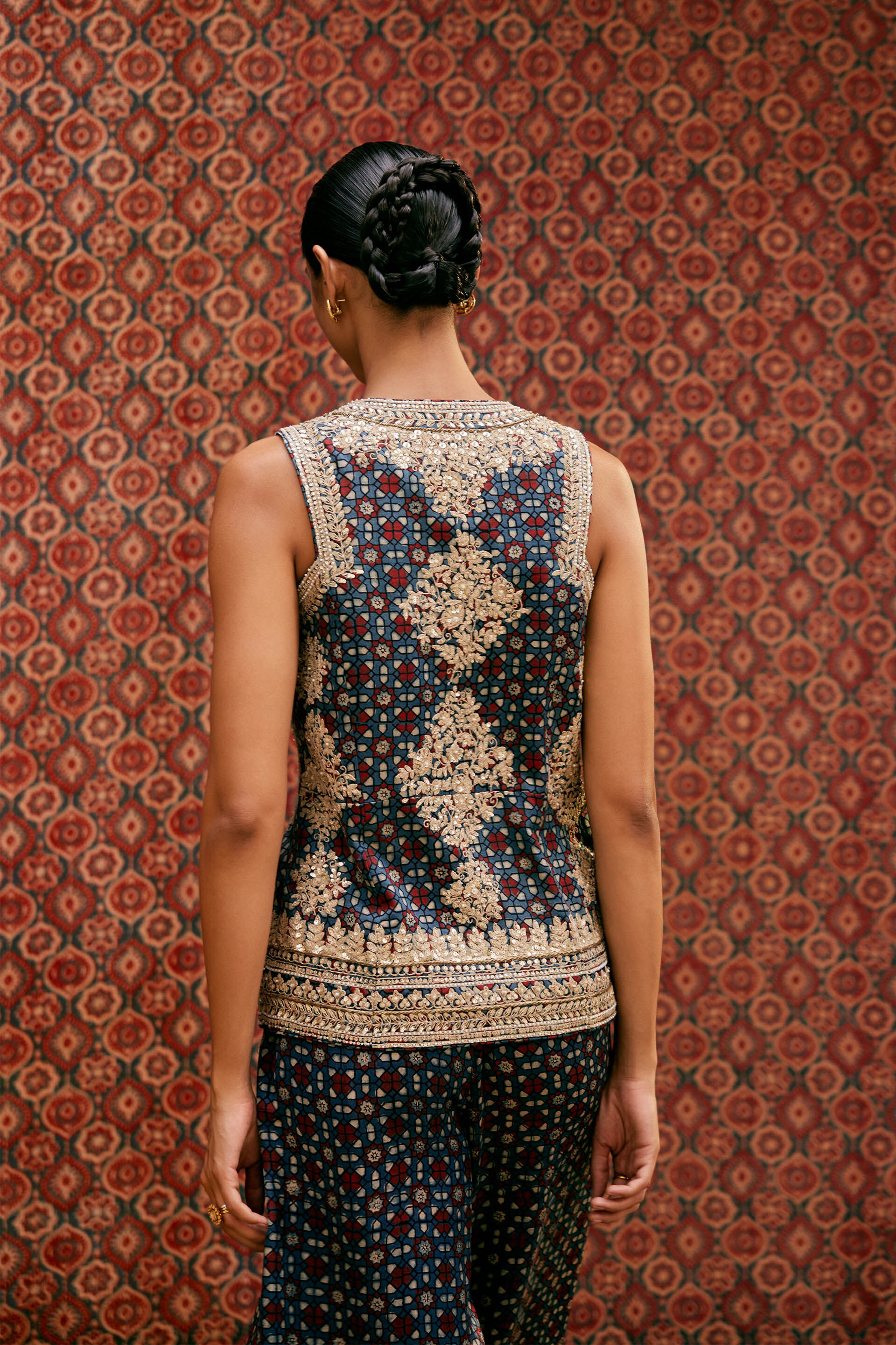 Bahada Ajrakh Hand-block Printed Silk Palazzo Set - Blue, Blue, image 2