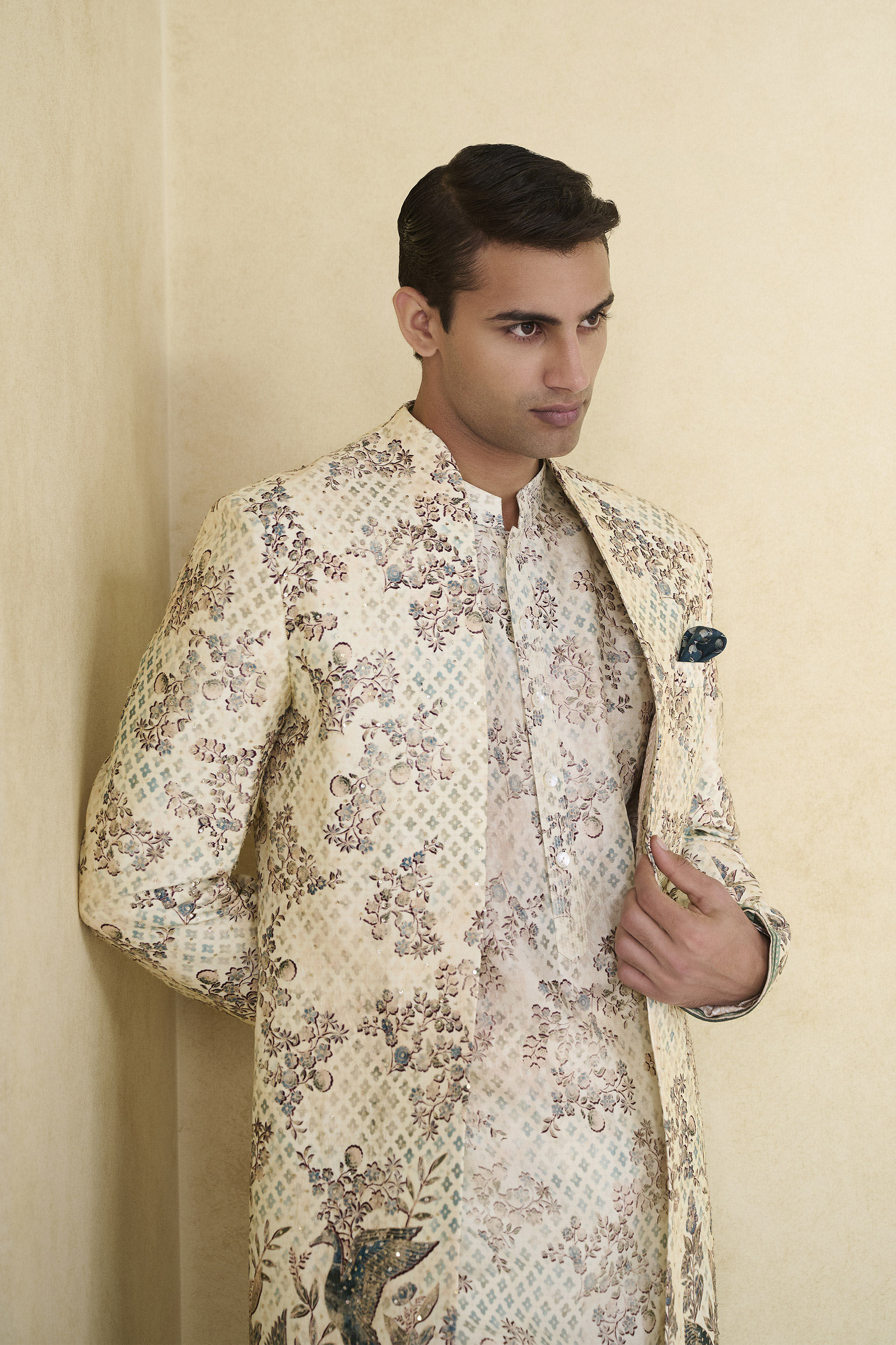 Rukham Printed Silk Sherwani - Ivory, Ivory, image 8