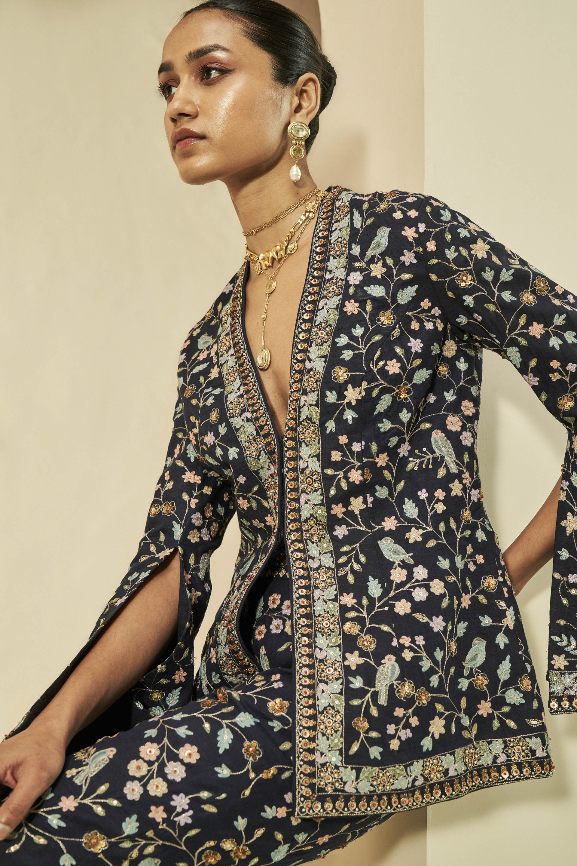 Isra Zardozi Embroidered Silk Jacket Set - Black, Black, image 3