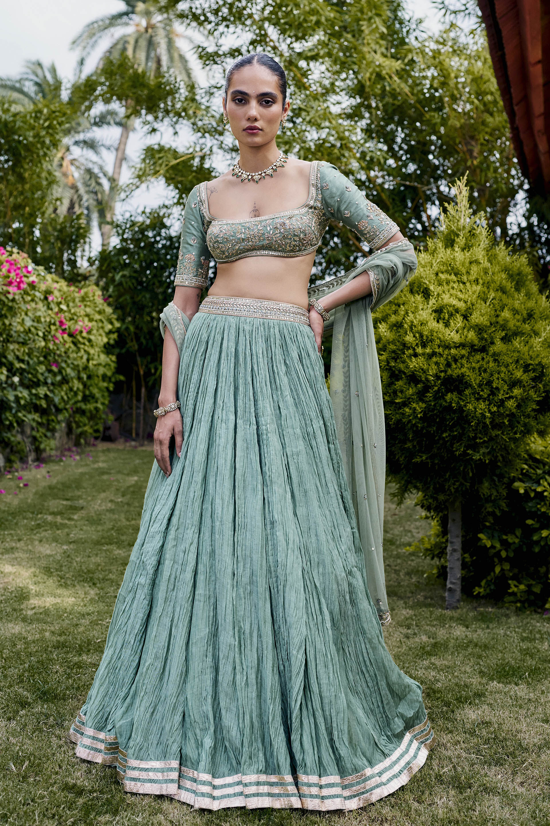 Homeland Gota Patti Mul Lehenga Set - ​Sage