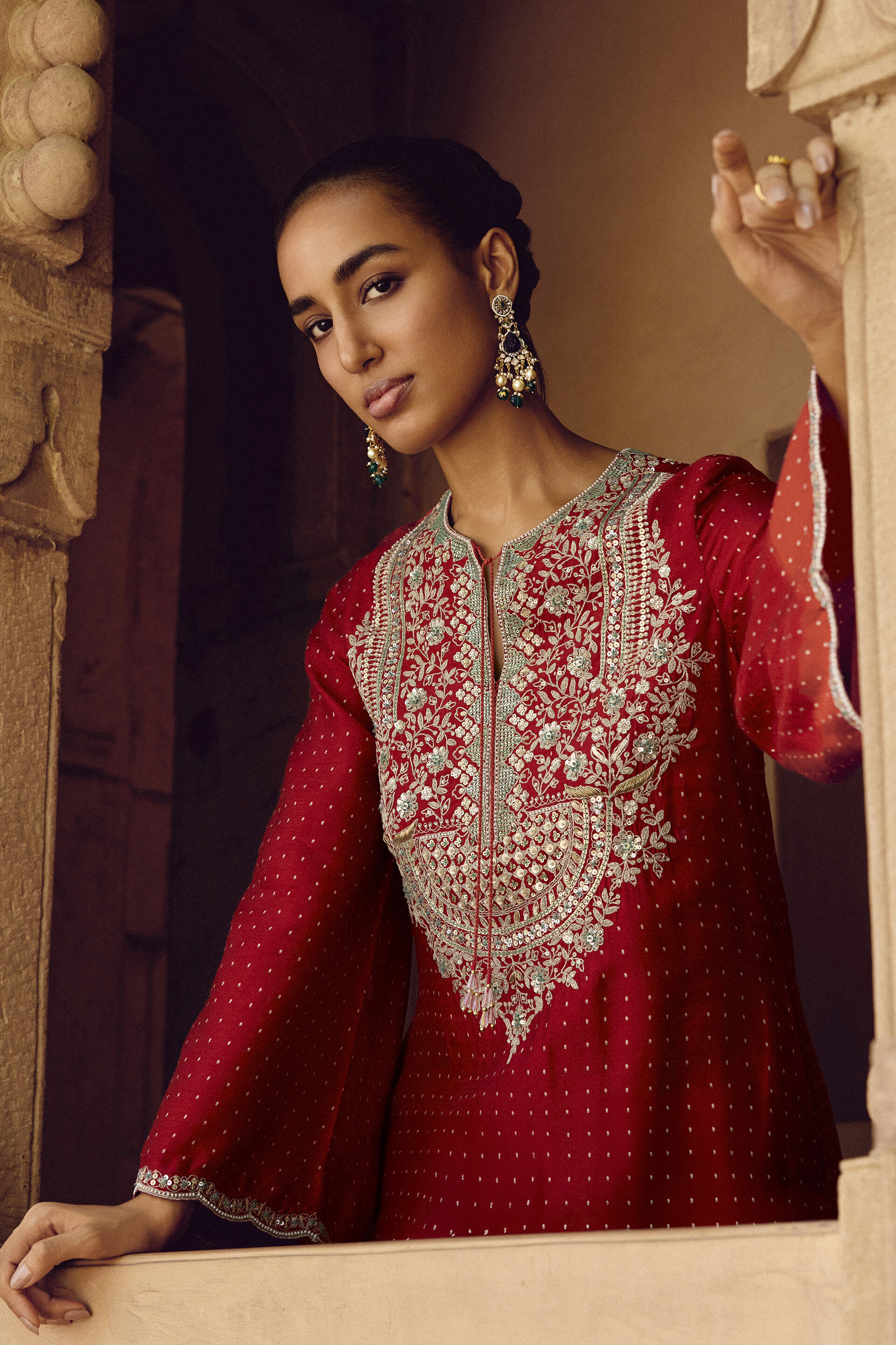 Sindhura Embroidered Silk Kaftan - Red, Red, image 4