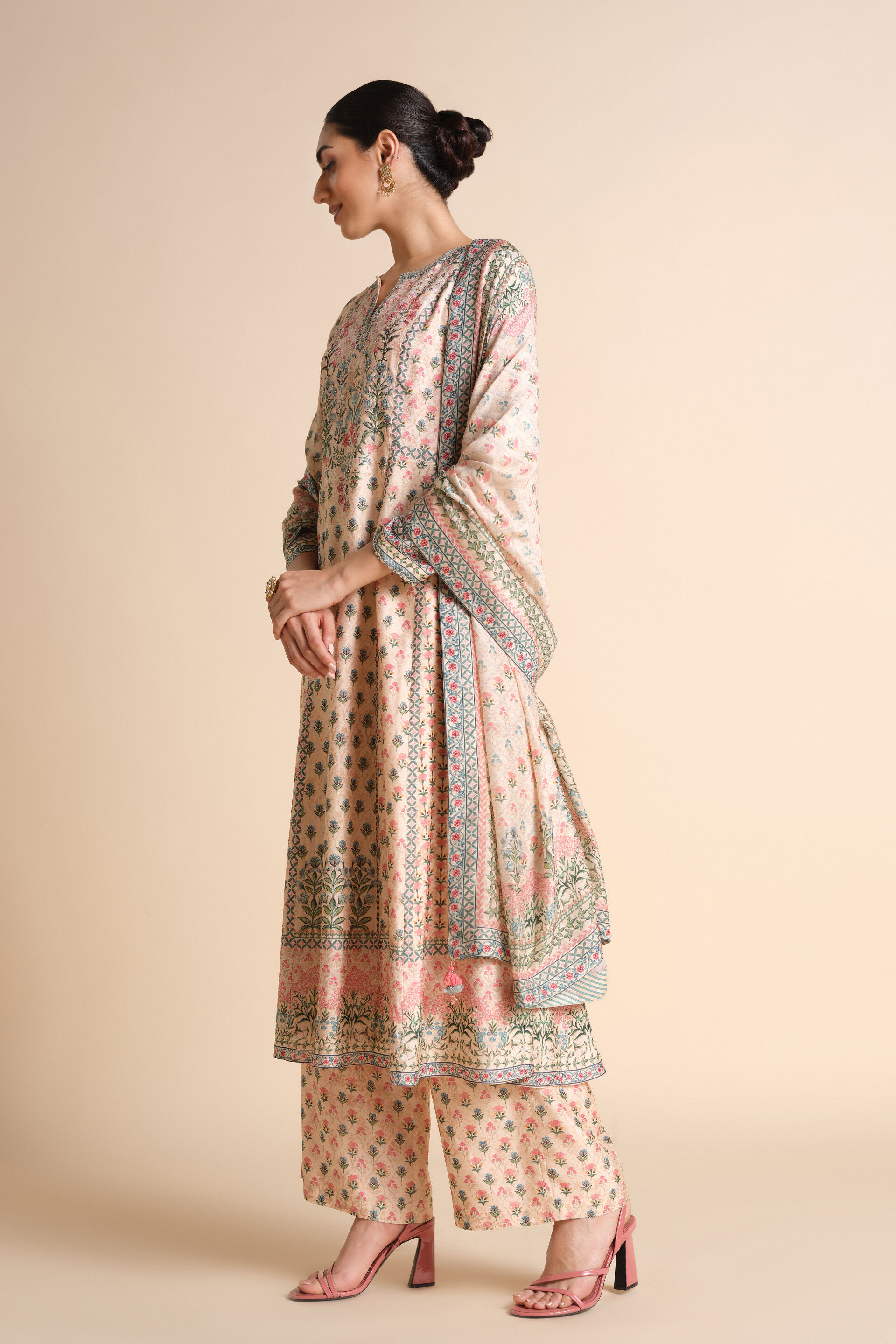 Indivarini Printed Silk Anarkali - Ivory, Ivory, image 3