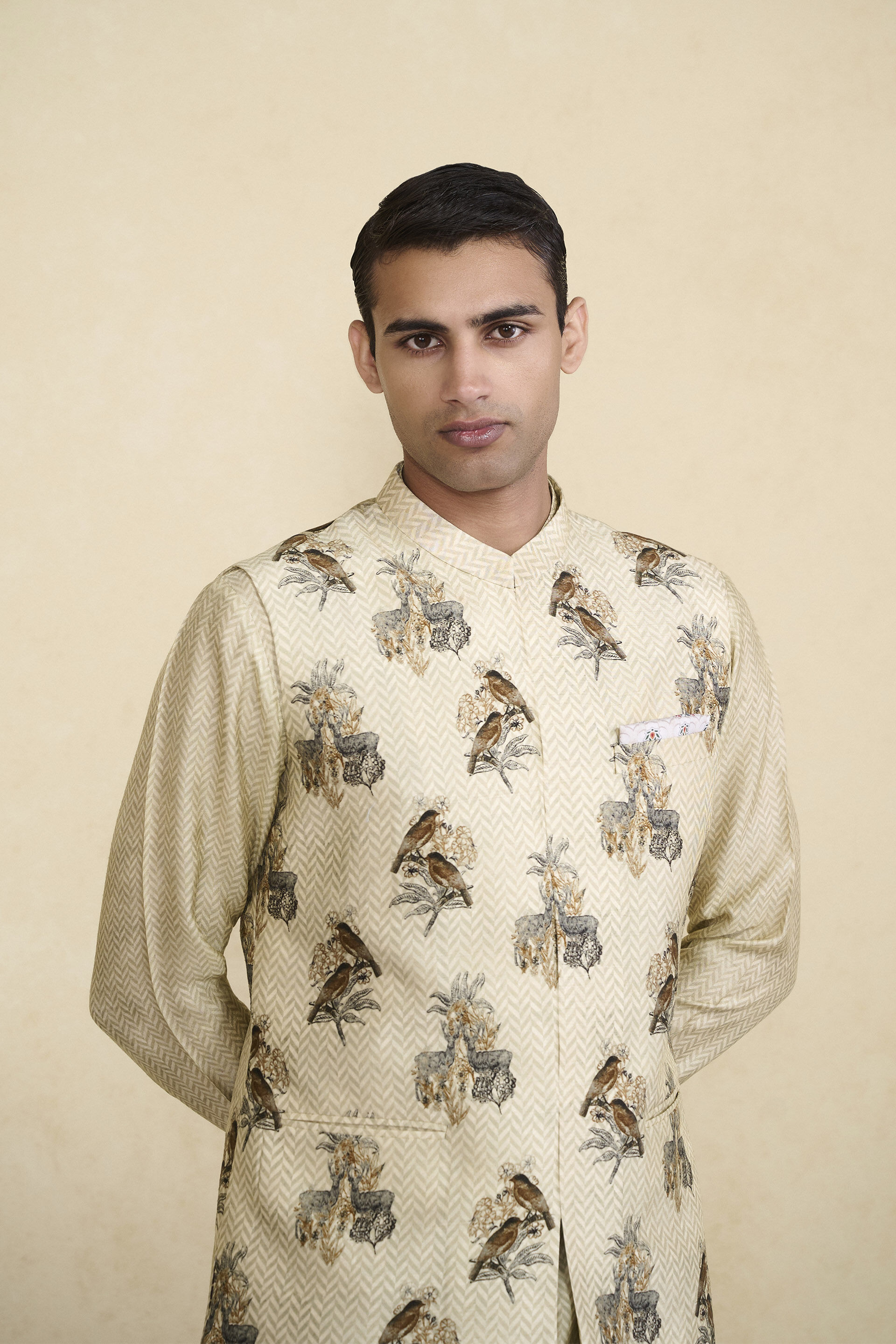 Krushan Printed Silk Nehru Jacket - Beige, Beige, image 5