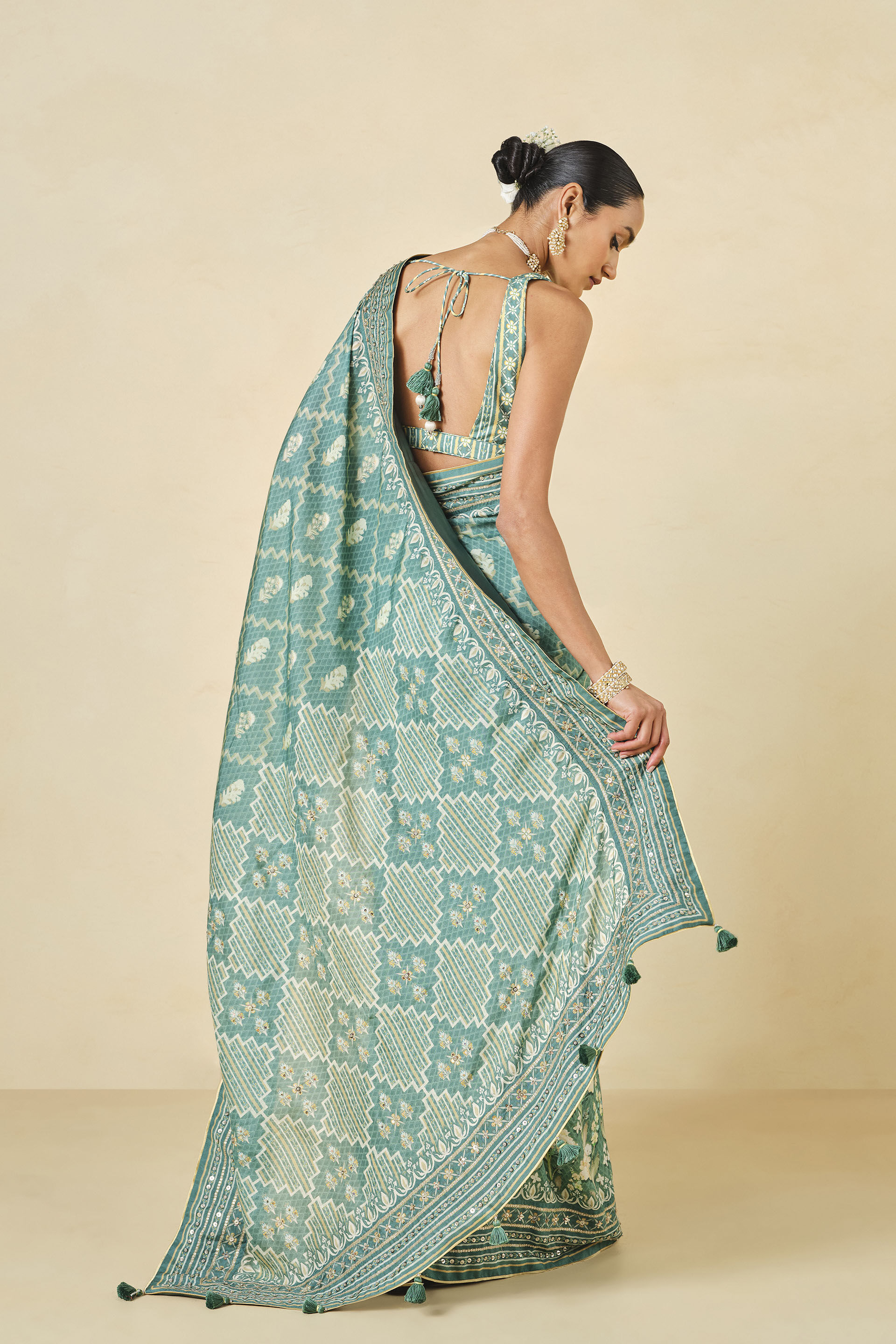 Avonmora Printed Saree - Sage, Sage, image 3