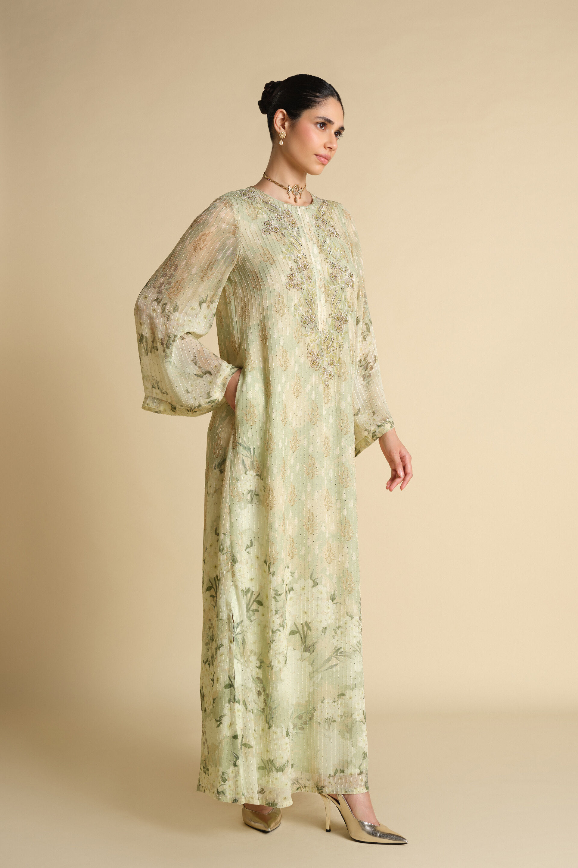 Suha Embroidered Kaftan - Sage, Sage, image 3