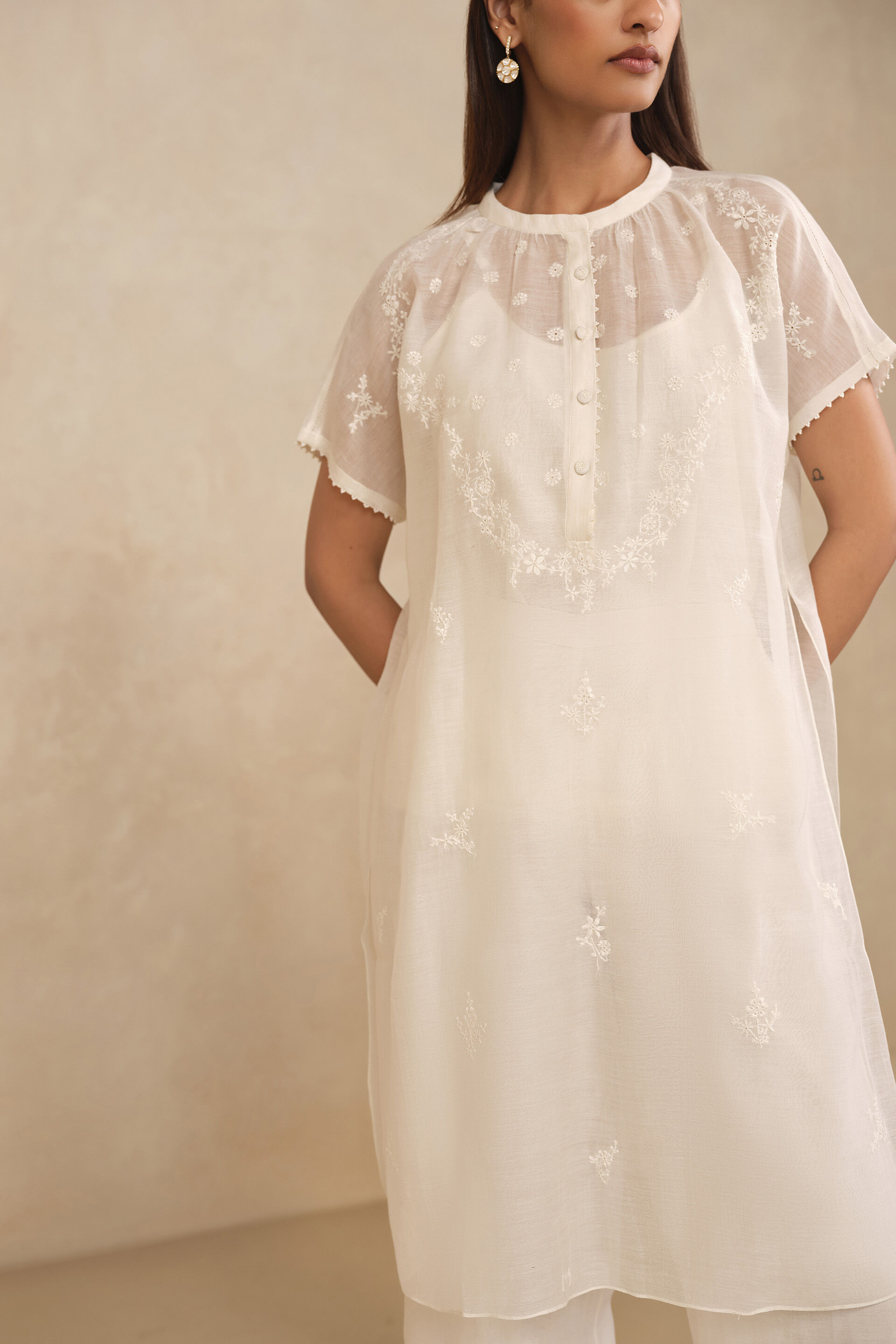 Haiku Hand-embroidered Chikankari Mul Kurta Set - Ivory, Ivory, image 4