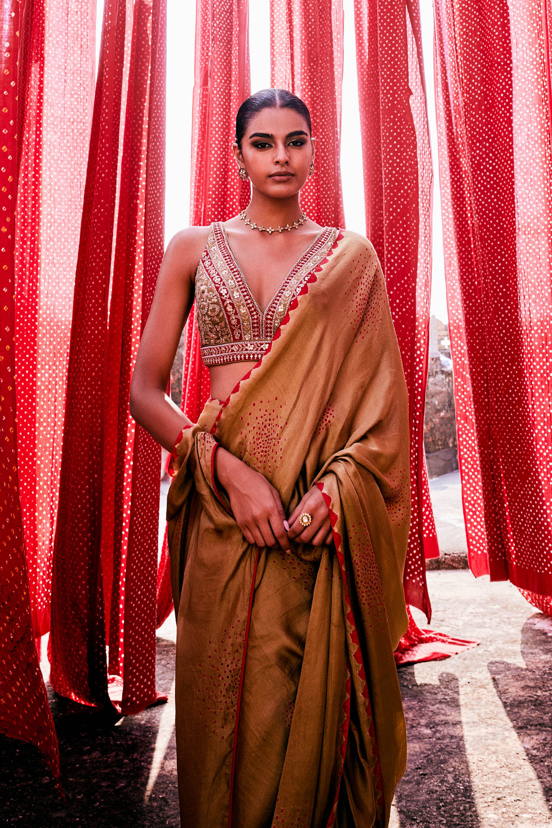 Maywa Handcrafted Bandhani Silk Pre-draped Saree - Olive, Olive, image 4