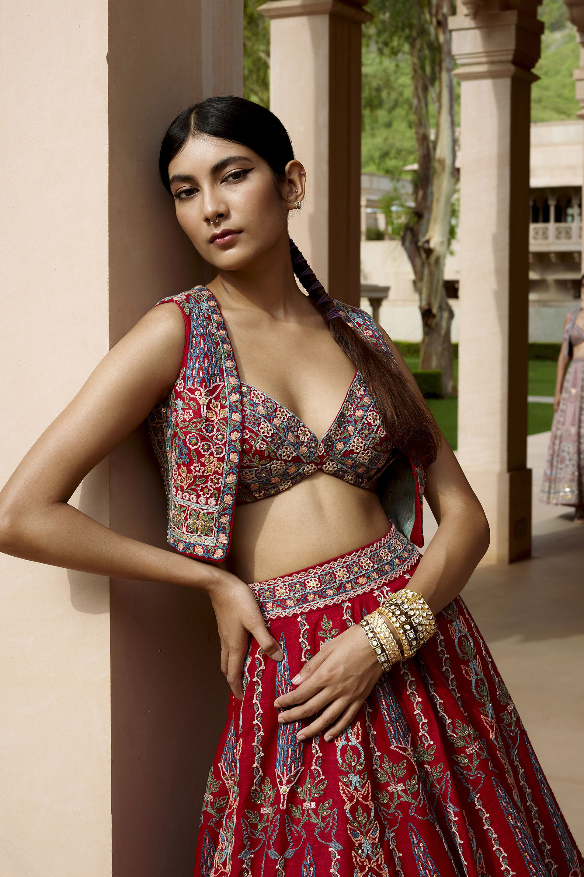 Alakana SEWA Hand-embroidered Silk Skirt Set - Red, Red, image 5