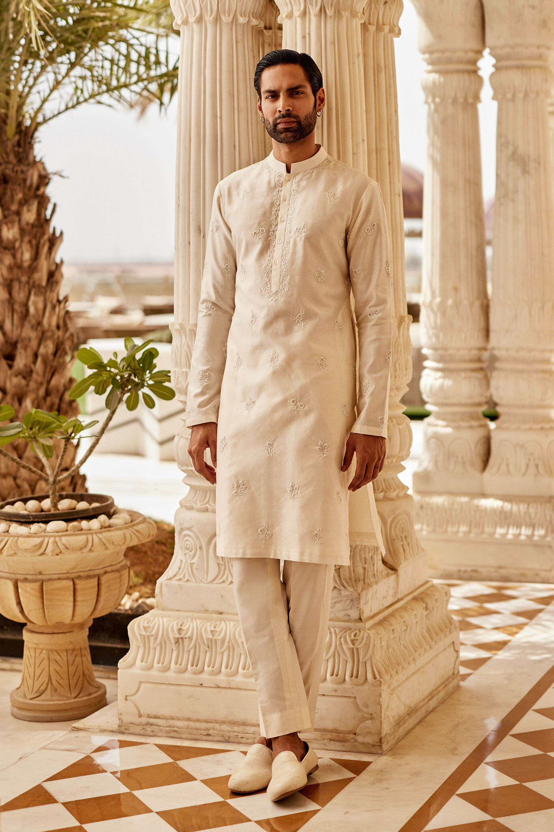 Ekaj Embroidered Silk Kurta - Ivory, Ivory, image 1